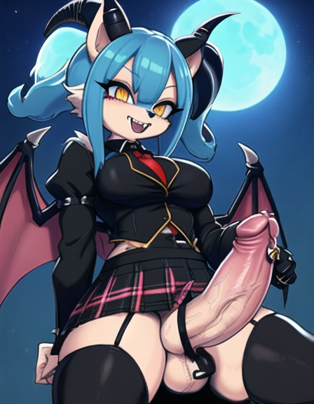 ai_generated anthro bat_wings big_breasts big_penis big_thighs blue_hair busty erect_penis erection furry futanari goth goth_girl gothic horns huge_cock large_breasts leggings long_penis miniskirt p0rtal_w0mbat school_uniform schoolgirl schoolgirl_uniform short_skirt thick_thighs vampire yellow_eyes