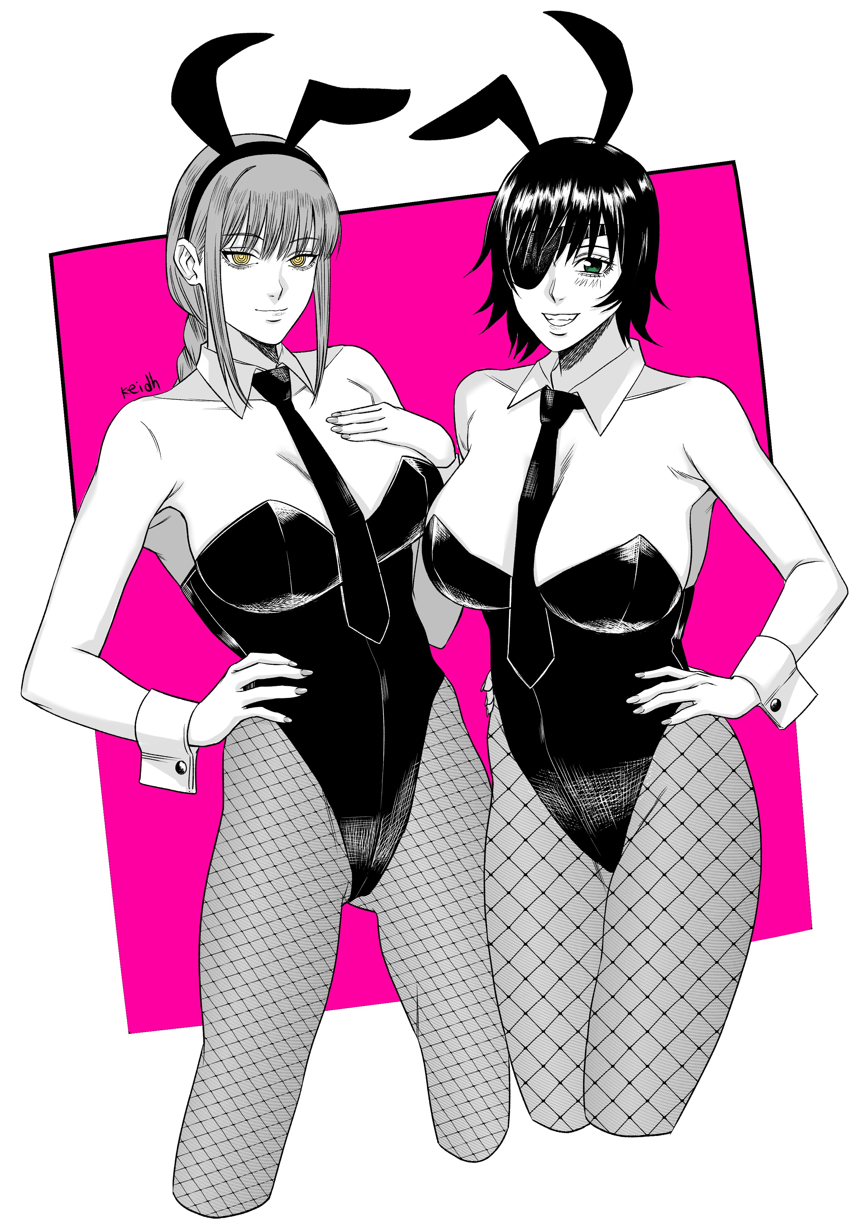 2girls, big breasts, breasts, bunny costume, bunny ears, bunnysuit, chainsaw man, cleavage, female, female only, fishnets, himeno (chainsaw man), keidh, light skin, light-skinned female, looking at viewer, makima (chainsaw man), mappa, multiple females, multiple girls, smile, tie