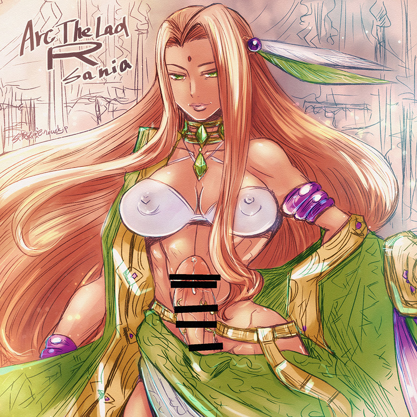 1futa arc_the_lad asian_futanari balls big_breasts big_penis blonde_hair breasts clothed clothing erection futa_only futanari huge_breasts human light-skinned_futanari light_skin long_hair mostly_nude muscular nousk penis solo standing