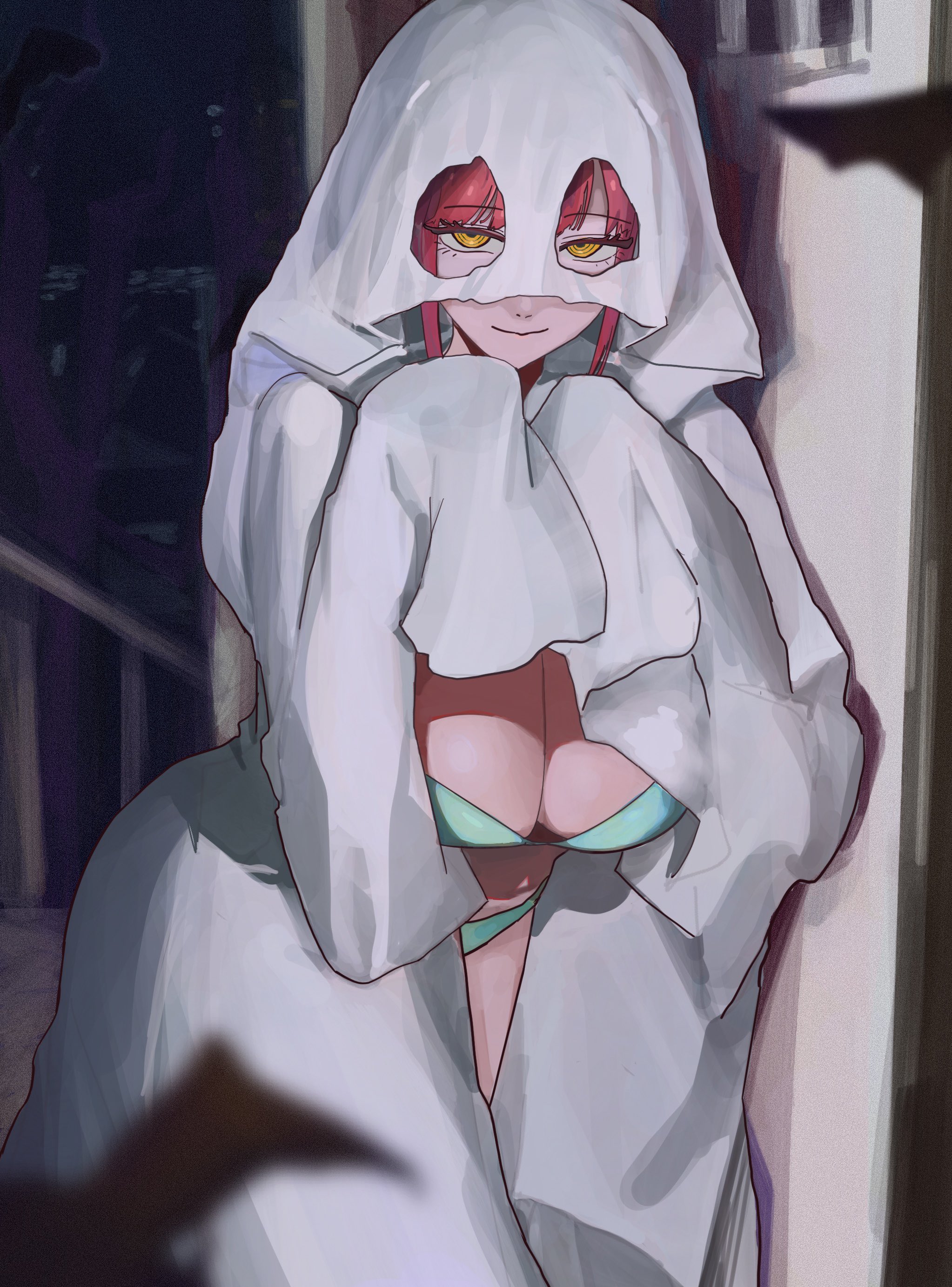 1girls, bedsheet ghost, bra, breasts, chainsaw man, cleavage, female, ghost, ghost costume, ghost girl, halloween, holidays, looking at viewer, makima (chainsaw man), medium breasts, panties, smile, solo, unitaro akuma, yellow eyes