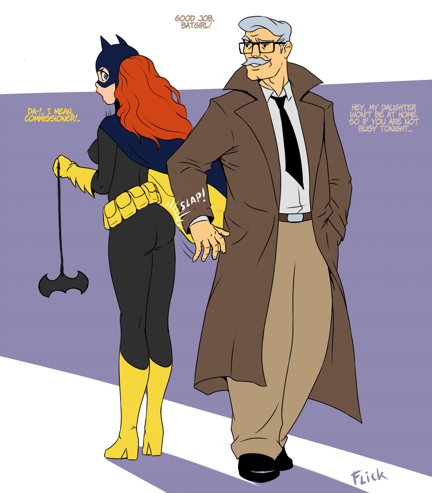 1boy 1girls accidental_incest ass_slap barbara_gordon batgirl batman_(series) belt boots cape clothed clothing coat daughter dc dc_comics dialogue disguise english_text father father_and_daughter female flick flick-the-thief footwear full_body fully_clothed hair heel_boots incest james_gordon long_hair male mask police praise purple_background rear_view red_hair shoes simple_background slap slapping_butt spanking spanking_ass standing superheroine text unprofessional_behavior watermark white_background