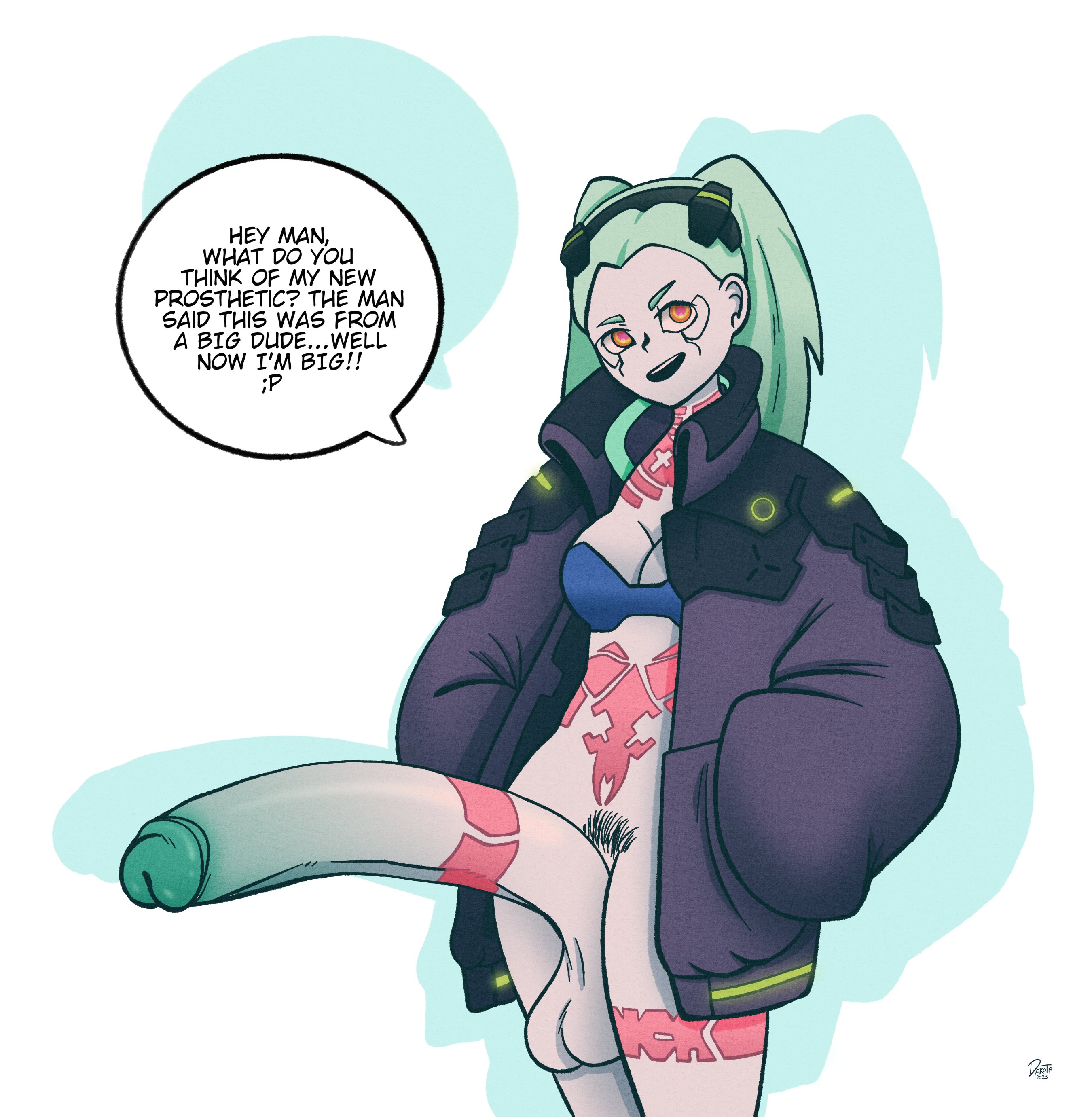 1futa, balls, bottomless, breasts, casual, clothed, clothing, cyberpunk: edgerunners, dakota018, dialogue, english text, erection, futa only, futanari, huge cock, human, humanoid, humanoid penis, intersex, light skin, light-skinned futa, long hair, mostly nude, outerwear, pale skin, penis, rebecca (edgerunners), solo, standing, text