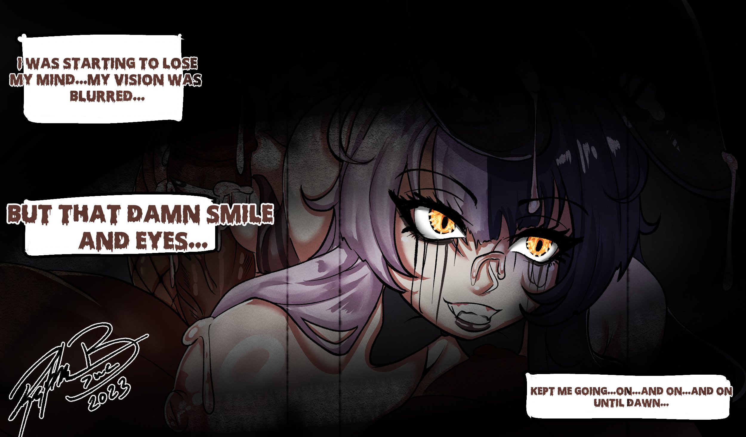 2023, ass, big ass, big breasts, big butt, big penis, black hair, breasts, bunny, bunny ears, bunnysuit, comic, crazy, crazy eyes, crazy smile, dark skin, dark-skinned male, demon, dialogue, dying, english text, female, femdom, forced, glowing eyes, halloween, halloween costume, handjob, heart eyes, heart-shaped pupils, hi res, high resolution, highres, hololive, hololive english, hololive english -advent-, huge breasts, imminent death, interracial, jerking, jerkingoff, large ass, large breasts, large butt, large penis, licking, licking nipples, male, male pov, penis, raphaeru, shiori novella, succubus, virtual youtuber