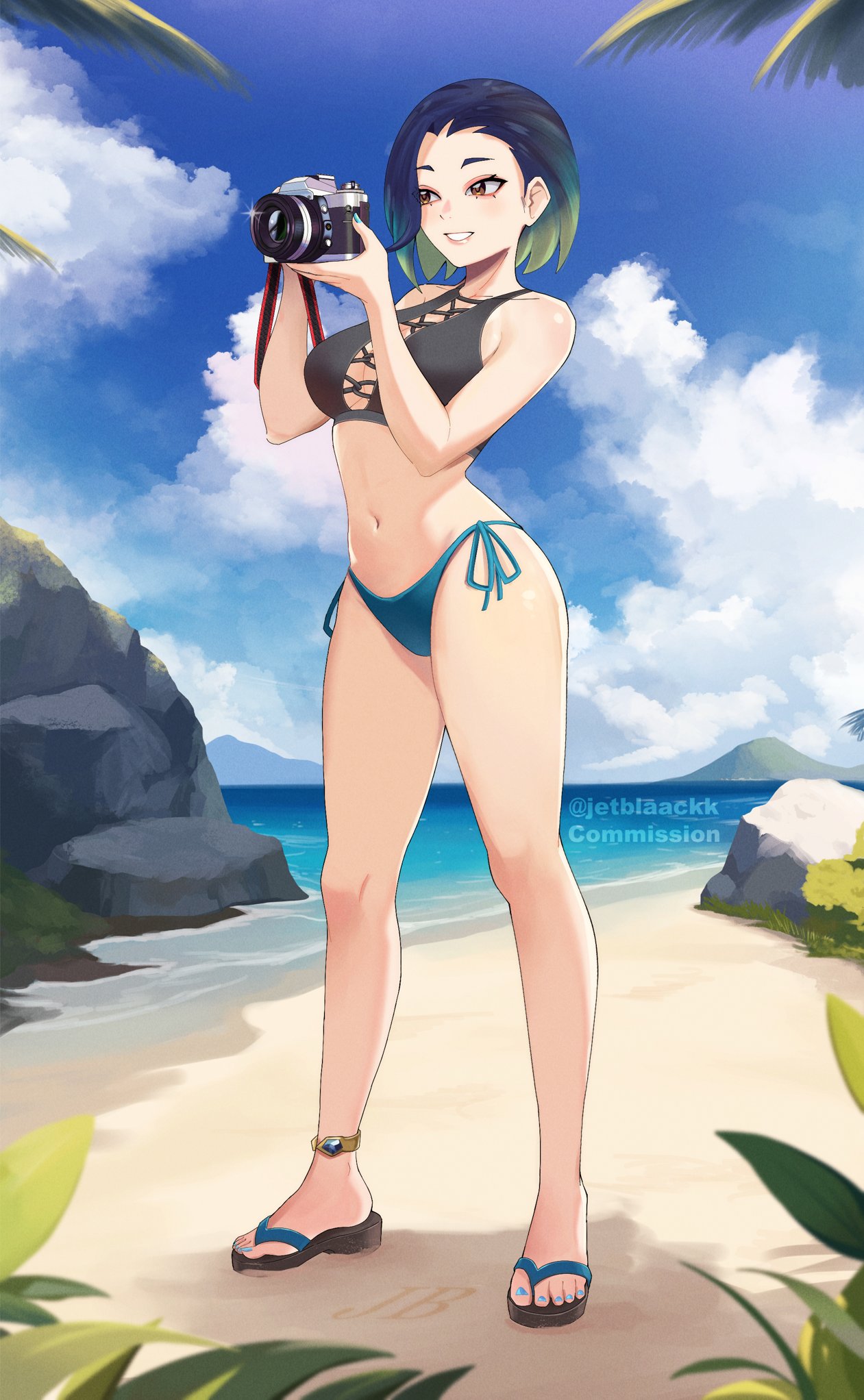 1girls, beach, belly, bikini, blue hair, blue nails, blue toenails, blue-haired female, brown eyes, camera, cleavage, commission, female, flip flops, jetblaackk, midriff, multicolored hair, nail polish, ocean, perrin (pokemon), pokemon, pokemon sv, sandals, smile, toenail polish