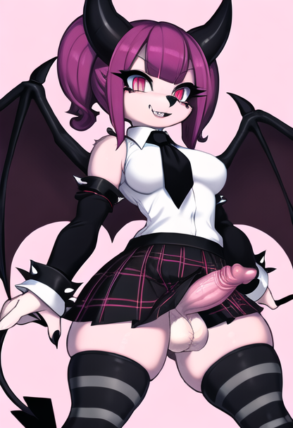 ai_generated anthro bat_wings big_breasts big_penis big_thighs busty erect_penis erection furry futanari goth goth_girl gothic horns huge_cock large_breasts leggings long_penis miniskirt p0rtal_w0mbat pink_eyes pink_hair school_uniform schoolgirl schoolgirl_uniform short_skirt spiked_bracelet striped_legwear thick_thighs vampire