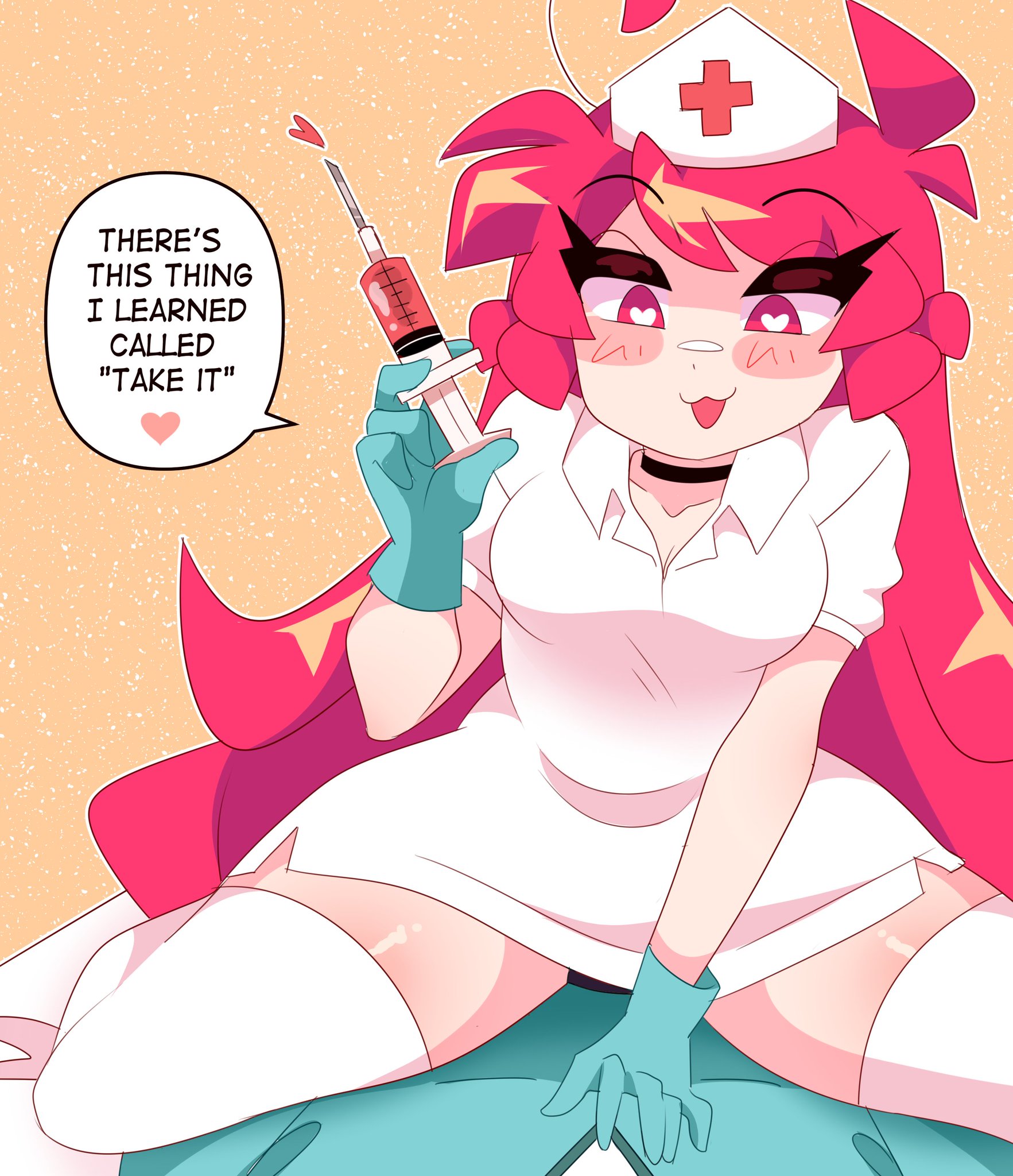 :3, choker, female, gloves, heart-shaped pupils, lee (secretnarcissist), long hair, non-nude, nurse, nurse cap, red hair, secretnarcissist, speech bubble, syringe, tagme, thighhighs