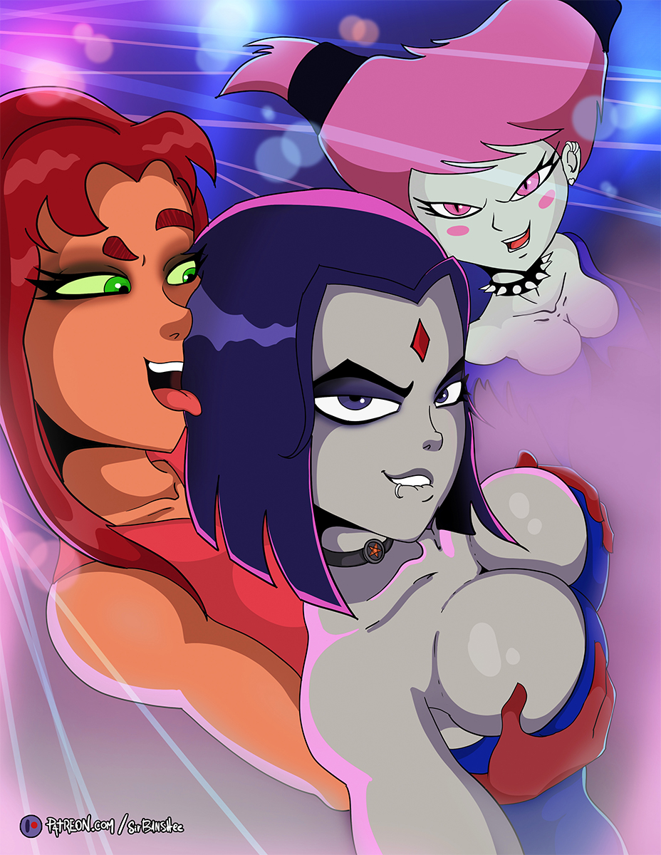 3girls ass breasts dc female female_only green_eyes human jinx_(dc) koriand'r multiple_girls pink_eyes pink_hair purple_eyes purple_hair rachel_roth raven_(dc) red_hair shadman_(style) sirbanshee starfire teen_titans