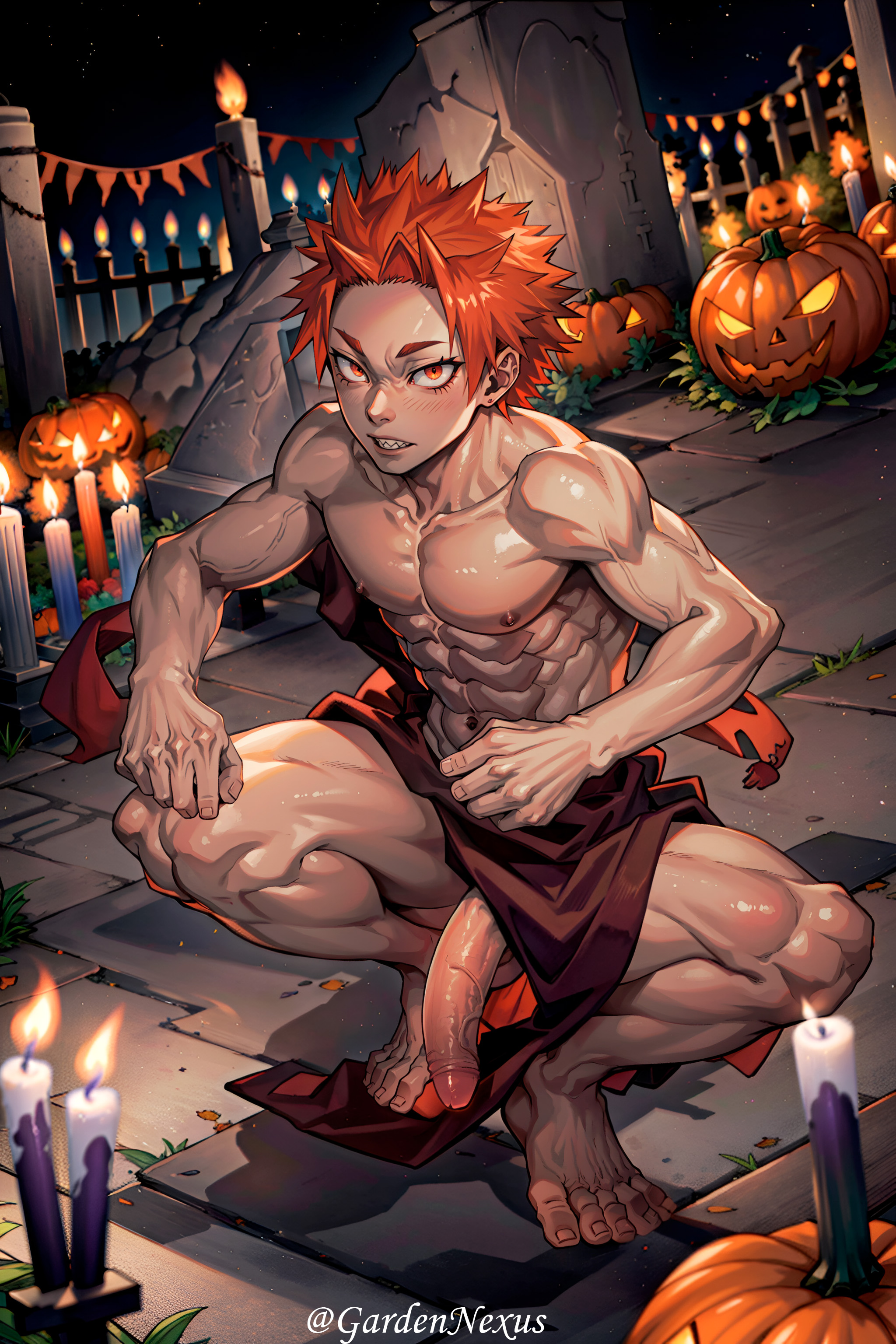 ai generated, big penis, boku no hero academia, eijirou kirishima, gay, halloween, hi res, kirishima eijirou, looking at viewer, male, male focus, male only, muscular, muscular male, my hero academia, nexusgarden, penis, red eyes, red hair, solo, solo male, yaoi, younger male