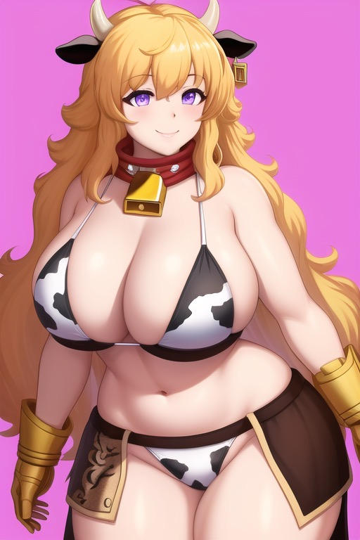 1girls, ai generated, bell, bell collar, big breasts, bikini, blonde hair, bovine, breasts, cow bikini, cow ears, cow horns, cow print, cowbell, curvaceous, curvy, curvy female, eyes, female, female focus, female only, gloves, huge breasts, large breasts, light skin, light-skinned female, purple eyes, rwby, smile, smiling, thick, thick thighs, transformationwitch, voluptuous, voluptuous female, wide hips, yang xiao long