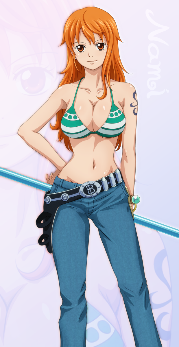 1girls arm_tattoo bangle bare_shoulders bikini bikini_top_only bracelet breasts character_name cleavage collarbone contrapposto denim earrings female female_focus female_only fukuro_ooji hand_on_own_hip highres holster jeans jewelry large_breasts log_pose long_hair looking_at_viewer matching_hair/eyes midriff nami navel one_piece orange_eyes orange_hair pants post-timeskip sabaody_archipelago shiny_skin smile solo staff standing strap_gap striped_bikini swimsuit tattoo zoom_layer