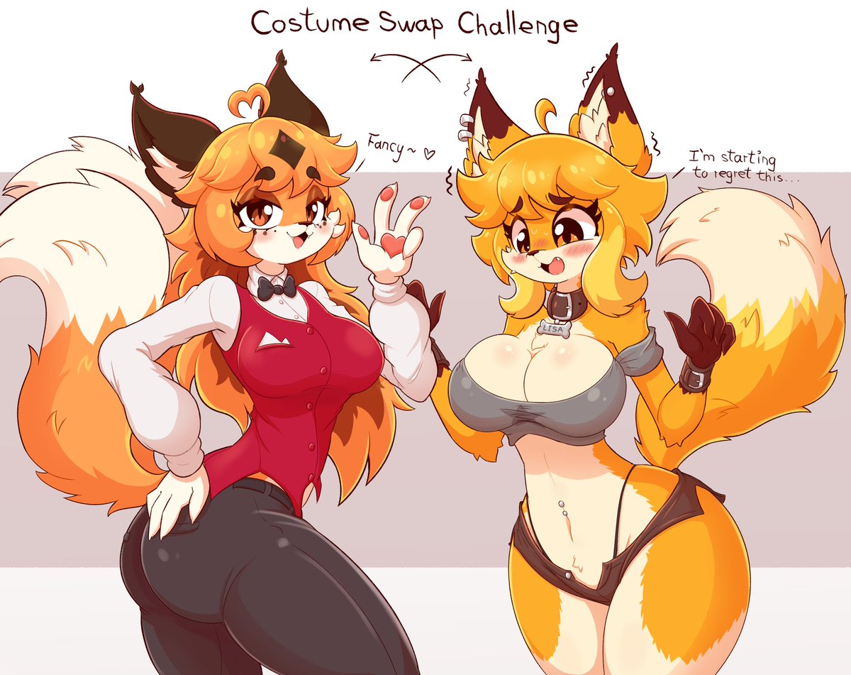 2girls anthro ass big_breasts blush blush_lines breasts costume_switch female female_only fluffy_ears fluffy_tail fox fox_girl furry hips jasminthemanticore lisa_(jasminthemanticore) nervous nervous_smile peace_sign short_clothing tagme tail thick_thighs thighs tight_clothing tummy