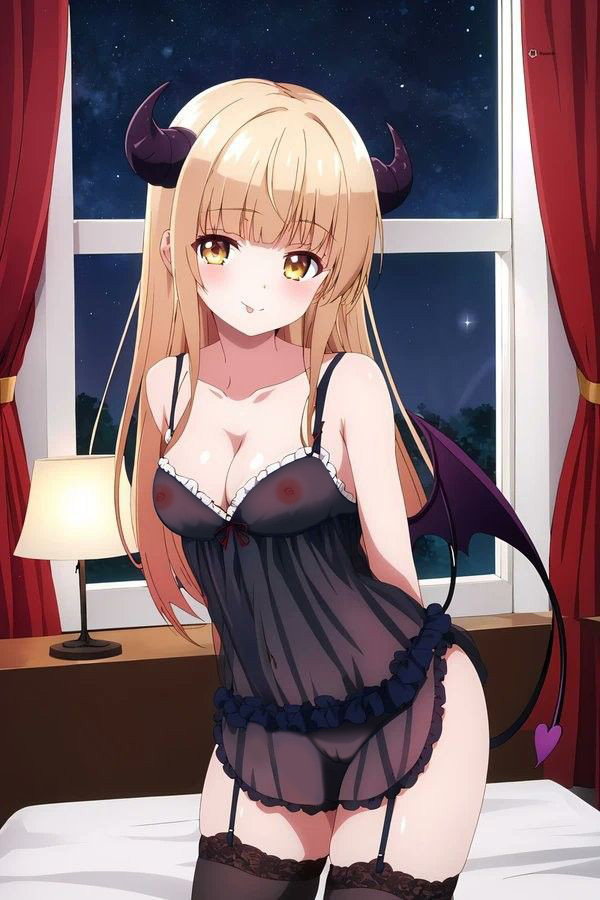 ai generated, arms behind back, blonde hair, breasts, demon horns, demon tail, demon wings, female, halloween, halloween costume, long hair, looking at viewer, medium breasts, nekom14, nipples, nipples visible through clothing, no panties, otonari no tenshi-sama ni itsu no mani ka dame ningen ni sarete ita ken, pussy, shiina mahiru