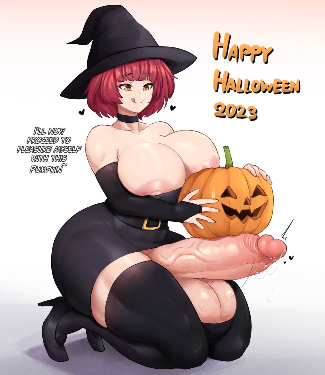 1futa, anestesiaz, areolae, armwear, ass, balls, bangs, bare shoulders, big breasts, big penis, bottomless, breasts, brown eyes, busty, choker, cleavage, clothed, clothing, collar, costume, english text, erect penis, erection, fat cock, futa only, futanari, gigantic penis, halloween, halloween costume, happy halloween, hard on, hat, heels, high heels, horny, huge ass, huge balls, huge breasts, huge cock, hung, hung futa, intersex, jack-o'-lantern, large breasts, large penis, licking lips, light skin, light-skinned futa, massive penis, mostly clothed, nipple slip, nipples, penis, polli (anestesiaz), pumpkin, red hair, redhead, revealing clothes, short hair, solo, solo futa, text, thick, thick penis, thick thighs, thigh highs, thighhighs, thighs, tight clothing, tongue, tongue out, veiny penis, witch, witch costume, witch hat