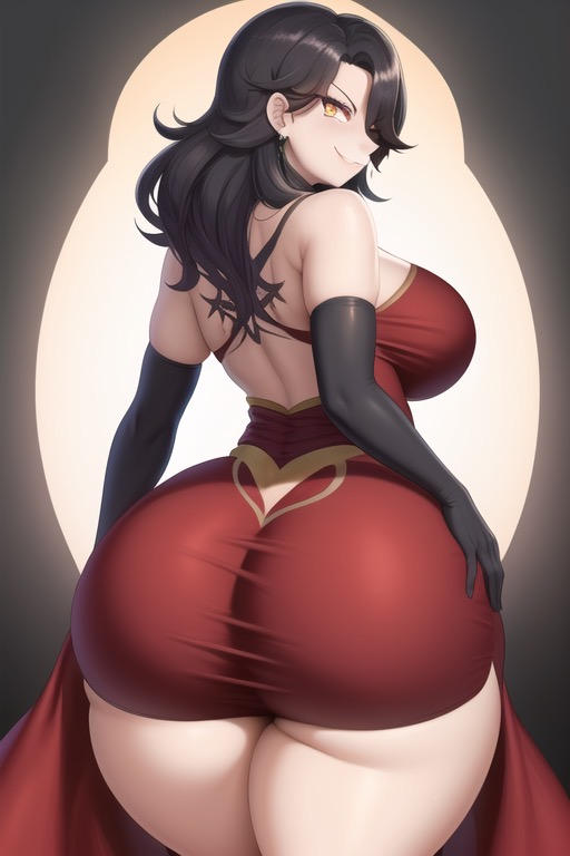 1girls, ai generated, ass, ass focus, back view, big ass, big butt, black hair, breasts, bubble ass, bubble butt, cinder fall, clothing, eyes, female, female focus, female only, golden eyes, huge ass, huge breasts, large ass, light skin, light-skinned female, looking at viewer, looking back, miniskirt, pantyless, rwby, smile, smiling, smiling at viewer, standing, thick, thick ass, thick thighs, transformationwitch, voluptuous, voluptuous female, wide hips