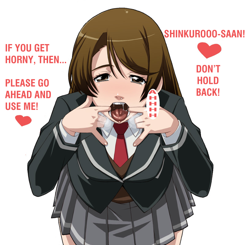 brown_eyes brown_hair hard_translated houzuki_yuuno kurenai long_hair necktie open_mouth saliva school_uniform tears tongue translated watarabe_keiichi