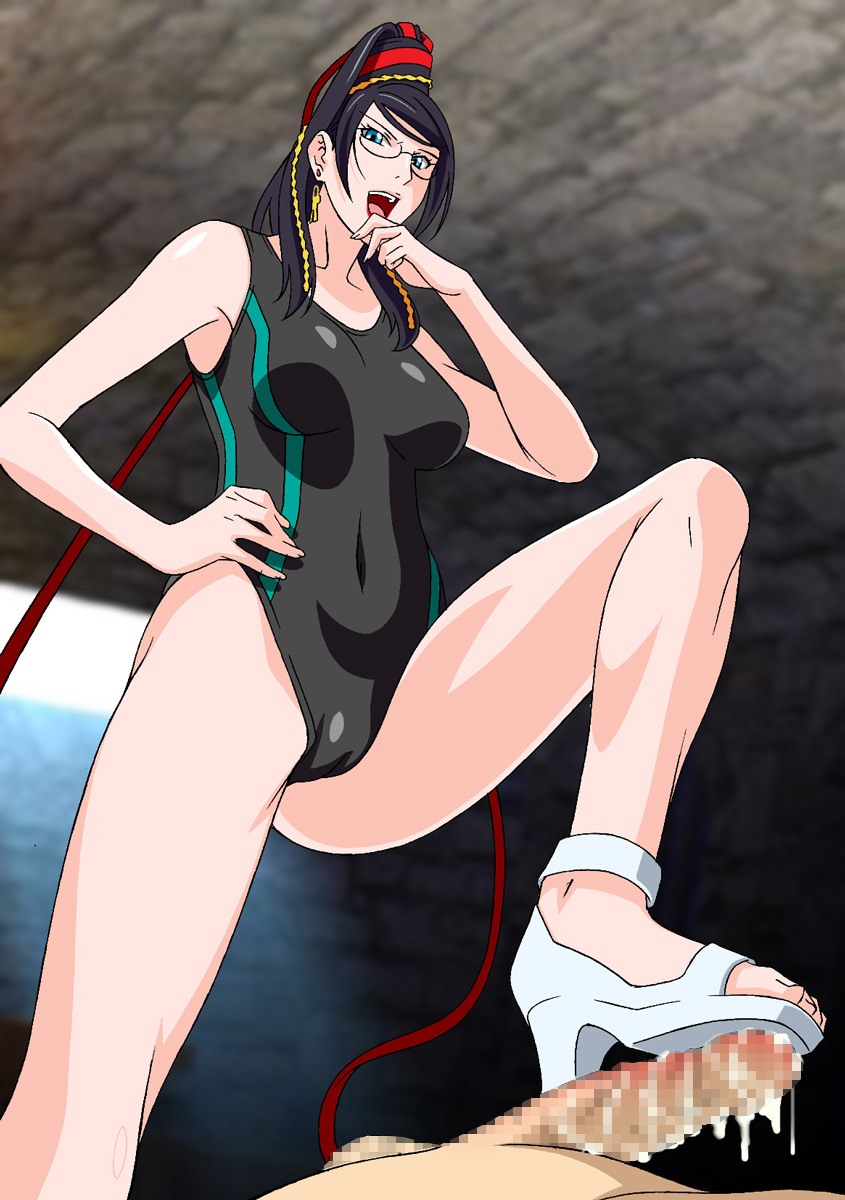 aqua_eyes bayonetta bayonetta_(character) black_hair cameltoe censored cum earrings feet female femdom footjob footjob_with_one_foot glasses high_heels high_resolution jewelry lipstick looking_at_viewer male one-piece_swimsuit one_leg_up open_toe_shoes rudoni sandals sega shoejob shoes smooth_skin standing_footjob straight swimsuit white_sandals