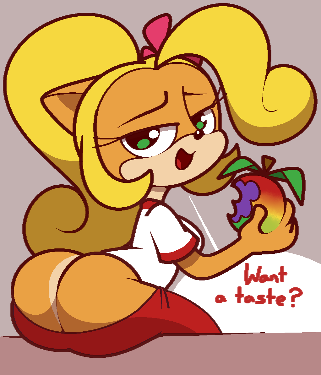 ass ass_focus bandicoot big_ass big_butt blonde_hair bubble_butt butt_crack coco_bandicoot crash_(series) dialogue eating green_eyes large_ass large_butt looking_at_viewer looking_back orange_fur pants_down red_legwear vilepluff white_shirt wumpa_fruit