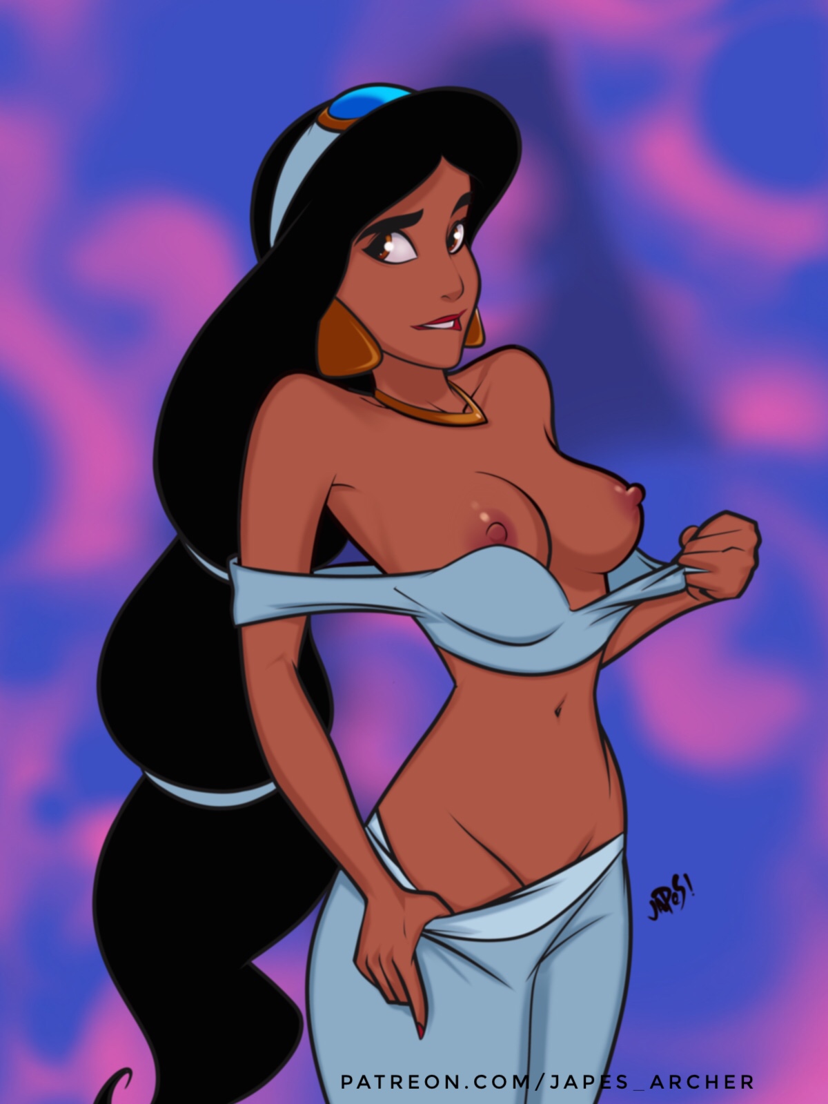 aladdin, biting lip, bra, bra pull, breasts, breasts out, disney, disney princess, erected nipples, female, female only, japes, nipples, princess jasmine, pulling down pants, restrained, solo
