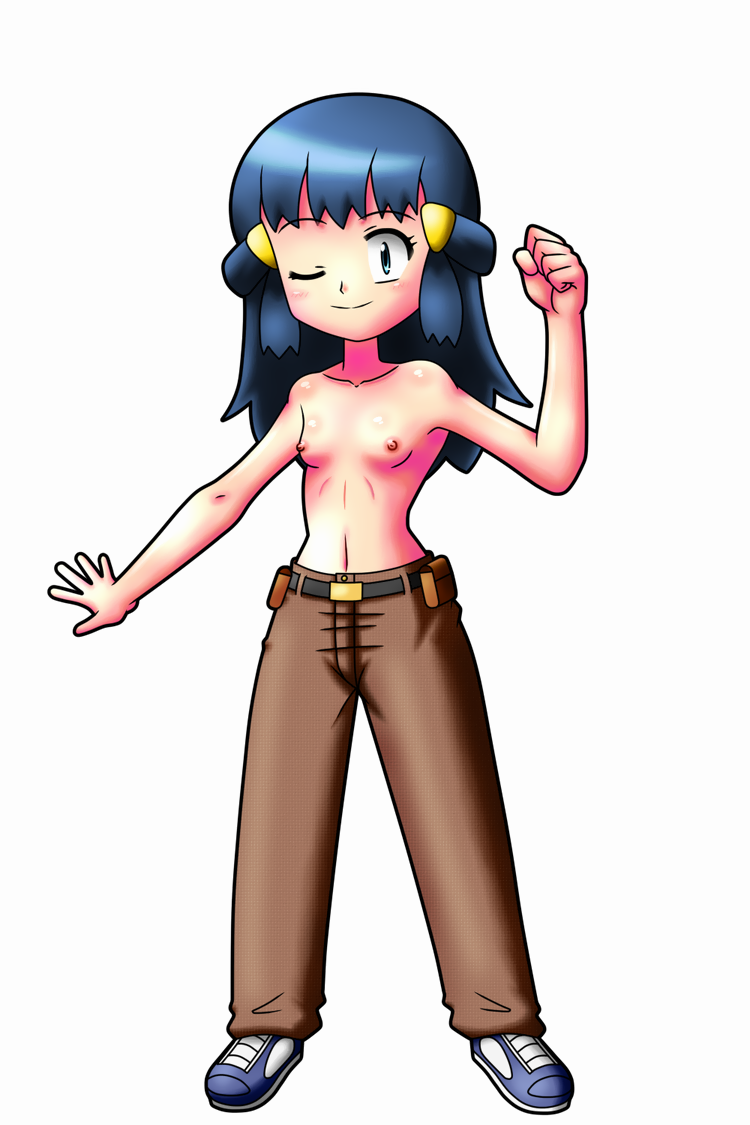 beige_skin big_head blue_eyes blue_hair blush breasts brock_(cosplay) closed_mouth clothes color cosplay dawn_(pokemon) female female_only fist footwear gym_leader_(cosplay) hair human looking_at_viewer nipples pokemon rorretsim shoes small_breasts smile solo standing topless white_background wink