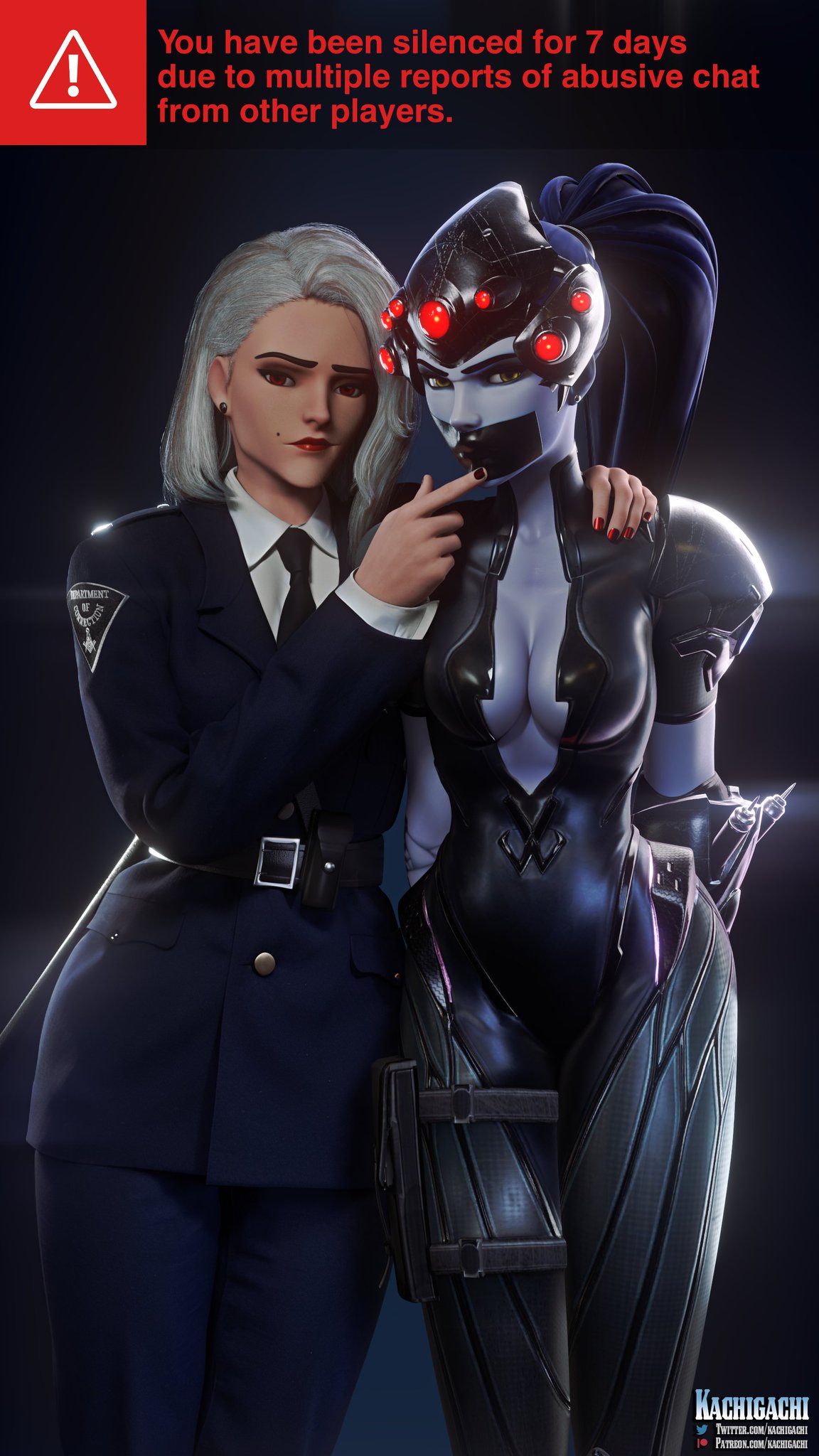 3d ashe_(overwatch) bondage cleavage cosplay kachigachi lowres overwatch overwatch_2 police tape_gag widowmaker yuri