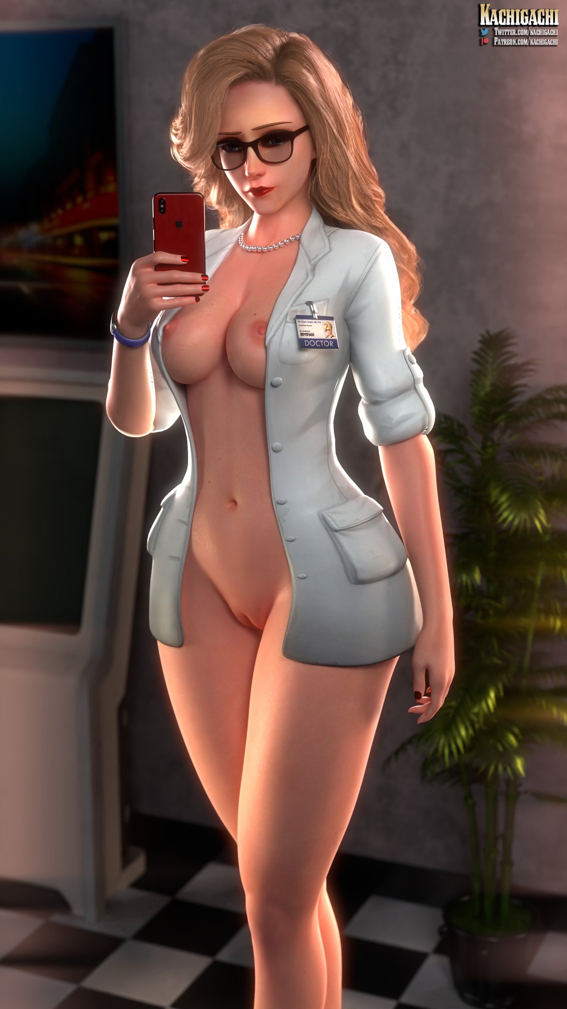 1girl 1girls 3d angela_ziegler blonde blonde_hair breasts doctor dr._ziegler exposed_breasts exposed_nipples exposed_pussy female female_focus female_only glasses kachigachi looking_at_viewer lowres mercy mirror_selfie necklace no_panties overwatch overwatch_2 pussy solo_female vagina