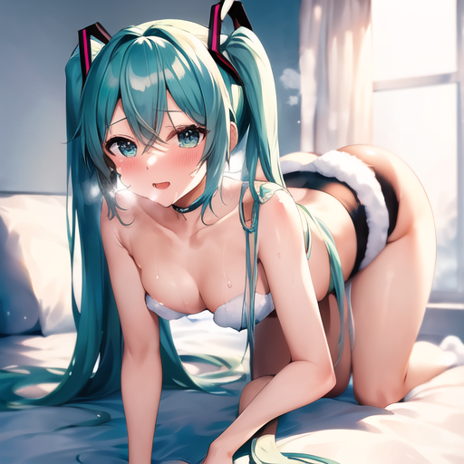 ai_generated all_fours bed blue_eyes blue_hair hatsune_miku high_quality user_lovespike vocaloid