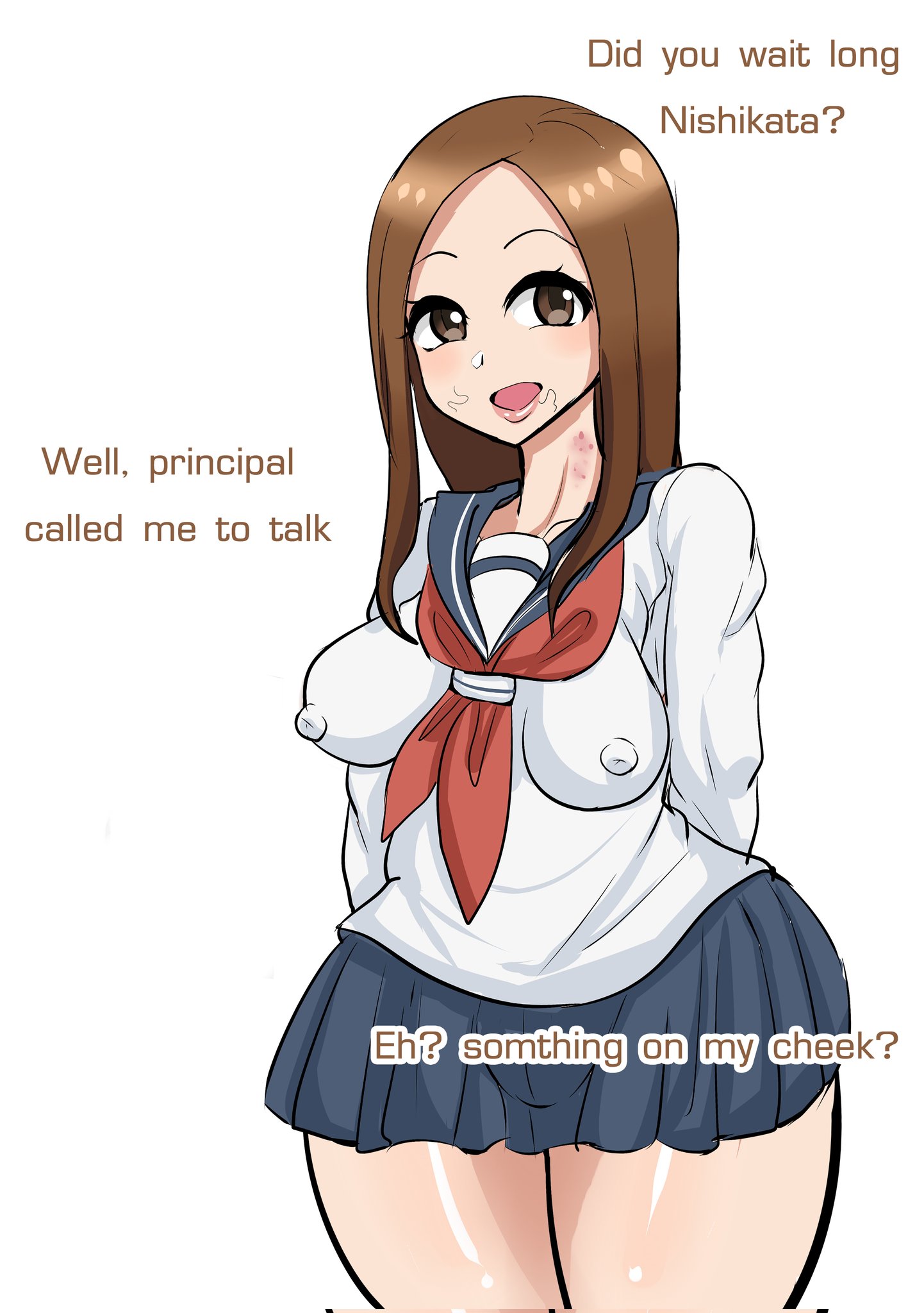 1girls, after fellatio, after sex, ass, big breasts, brave:feat, breasts, brown eyes, brown hair, cheating, chubby, cuckold, cuckold pov, cuckolding, english, english text, erect nipples, female, female focus, female only, forehead, happy female, huge ass, implied sex, karakai jouzu no takagi-san, large breasts, light skin, light-skinned female, lips, long hair, naughty, netorare, nipple bulge, nipples, nipples visible through clothing, ntr, pubic hair, pubic hair in mouth, sailor collar, school uniform, schoolgirl, serafuku, short skirt, skirt, stray pubic hair, takagi-san, talking, talking to viewer, text, thighs, white background
