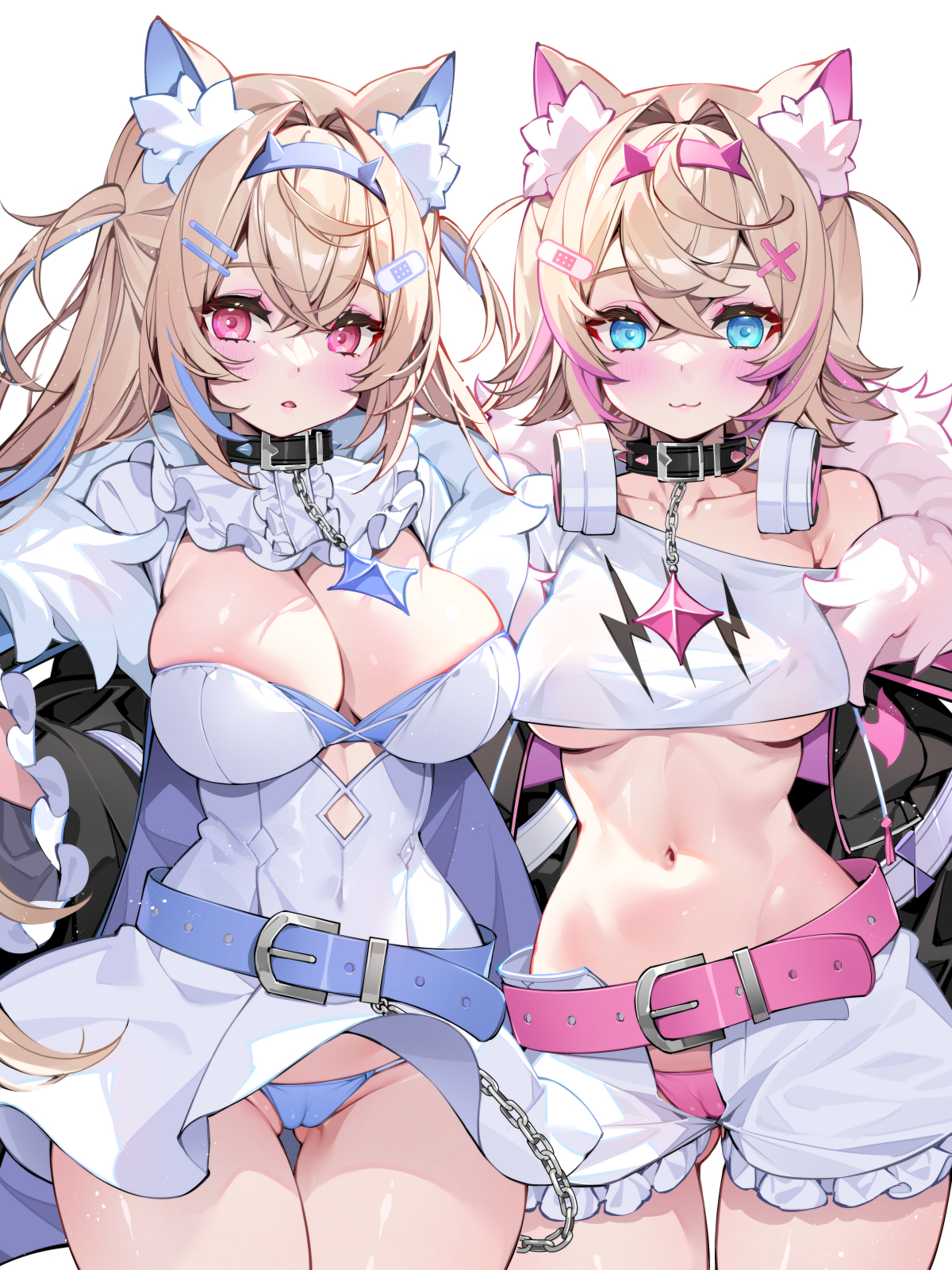 2girls, animal ear fluff, blonde hair, blue eyes, blue hair, blue panties, blush, breasts, cleavage, dog ears, dog girl, female, female only, fuwamoco, fuwawa abyssgard, hair between eyes, hair ornament, hololive, hololive english, hololive english -advent-, large breasts, long hair, looking at viewer, medium breasts, mococo abyssgard, multicolored hair, navel, pink eyes, pink hair, pink panties, short hair, siblings, sisters, straight hair, thighs, twins, two side up, virtual youtuber, waterring, white background, x hair ornament
