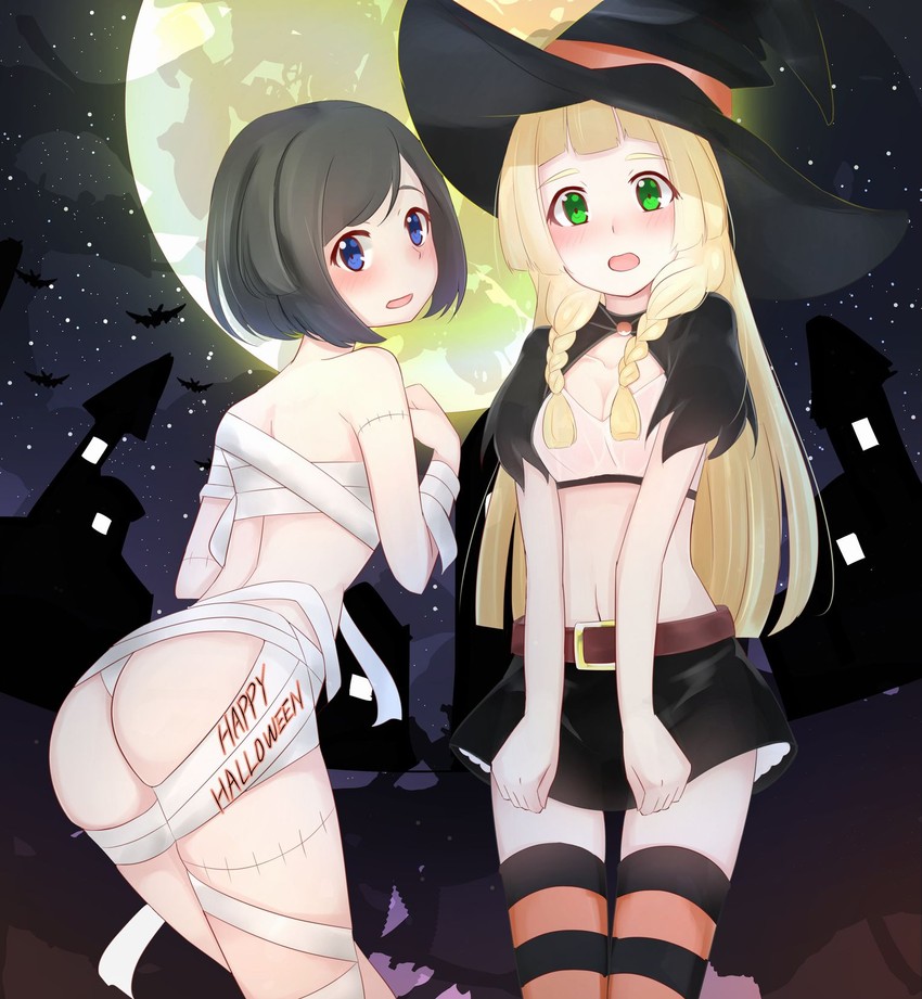 2girls ass bandages belt black_hair black_skirt blonde_hair blue_eyes blush braid breasts cleavage green_eyes halloween halloween_costume happy_halloween hat ko_to_tsuki lillie_(pokemon) long_hair looking_back midriff moon multicolored_clothes multicolored_legwear multiple_girls navel night night_sky open_mouth pokemon pokemon_(game) pokemon_sm selene_(pokemon) short_hair skirt skirt_tug sky star_(sky) thighhighs twin_braids witch_hat zettai_ryouiki