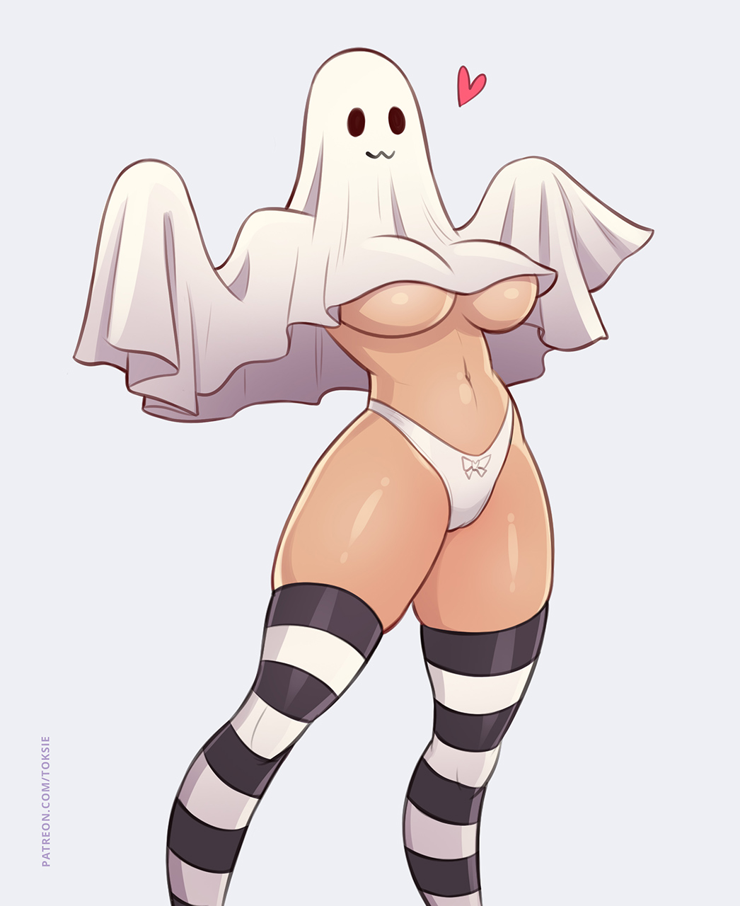 1girls 2023 2d bedsheet_ghost breasts color female female_only ghost ghost_costume halloween halloween_2023 halloween_costume heart holidays large_breasts navel panties simple_background skindentation solo solo_female standing striped_legwear striped_thighhighs thighhighs thighs toksie underboob underwear