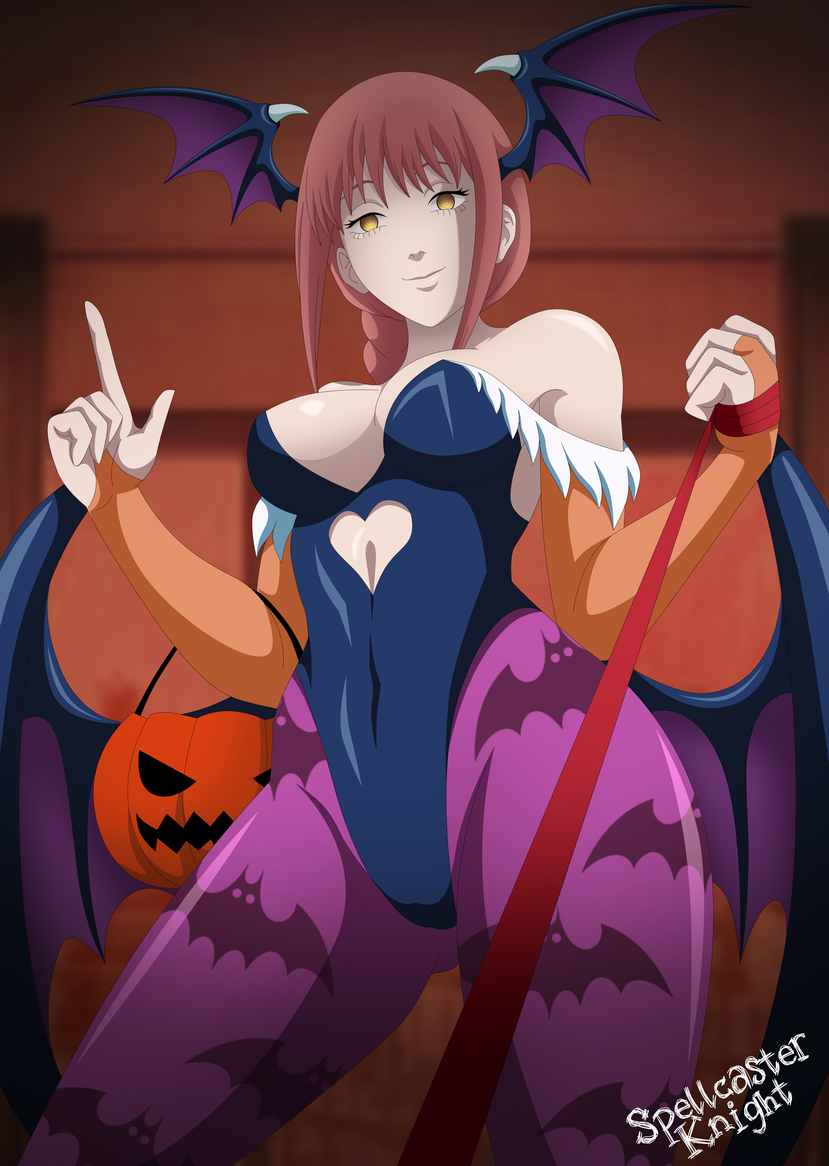 1girls, animal print, bat print, black leotard, breasts, capcom, chainsaw man, clothing, cosplay, crossover, darkstalkers, dog collar, eye contact, female, female only, halloween, halloween costume, head wings, holidays, leash, leotard, makima (chainsaw man), medium breasts, morrigan aensland (cosplay), pov, red hair, red-haired female, self upload, solo, solo focus, spellcaster knight, symbol-shaped pupils, wings, wings on head