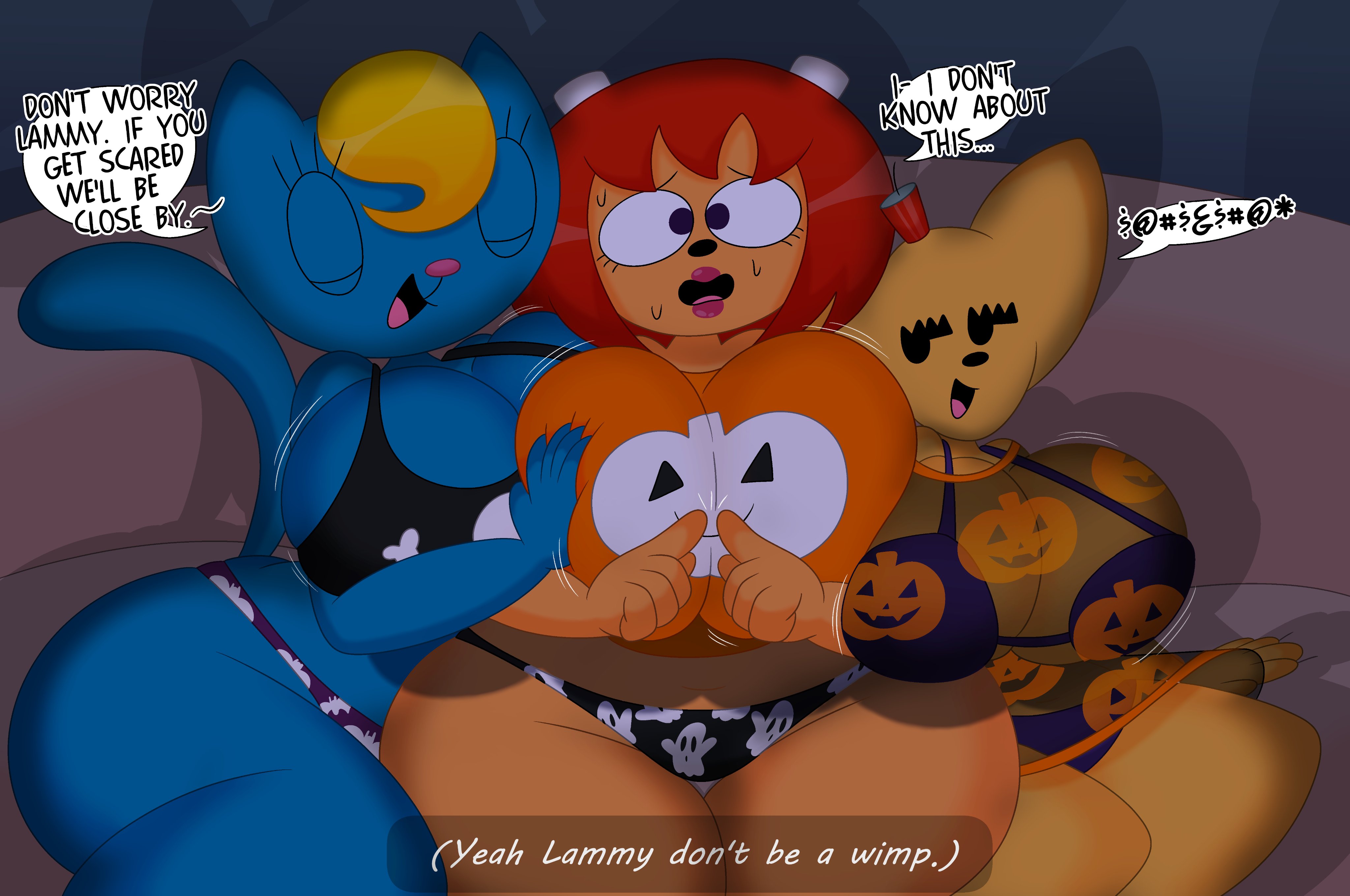 3barts, 3girls, anthro, ass, big ass, big breasts, big butt, big thighs, breasts, couch, female, halloween, halloween costume, head against breast, katy kat, lammy lamb, ma-san, milkcan (band), multiple females, multiple girls, nervous, sitting, sweat, sweating, touching breast, um jammer lammy