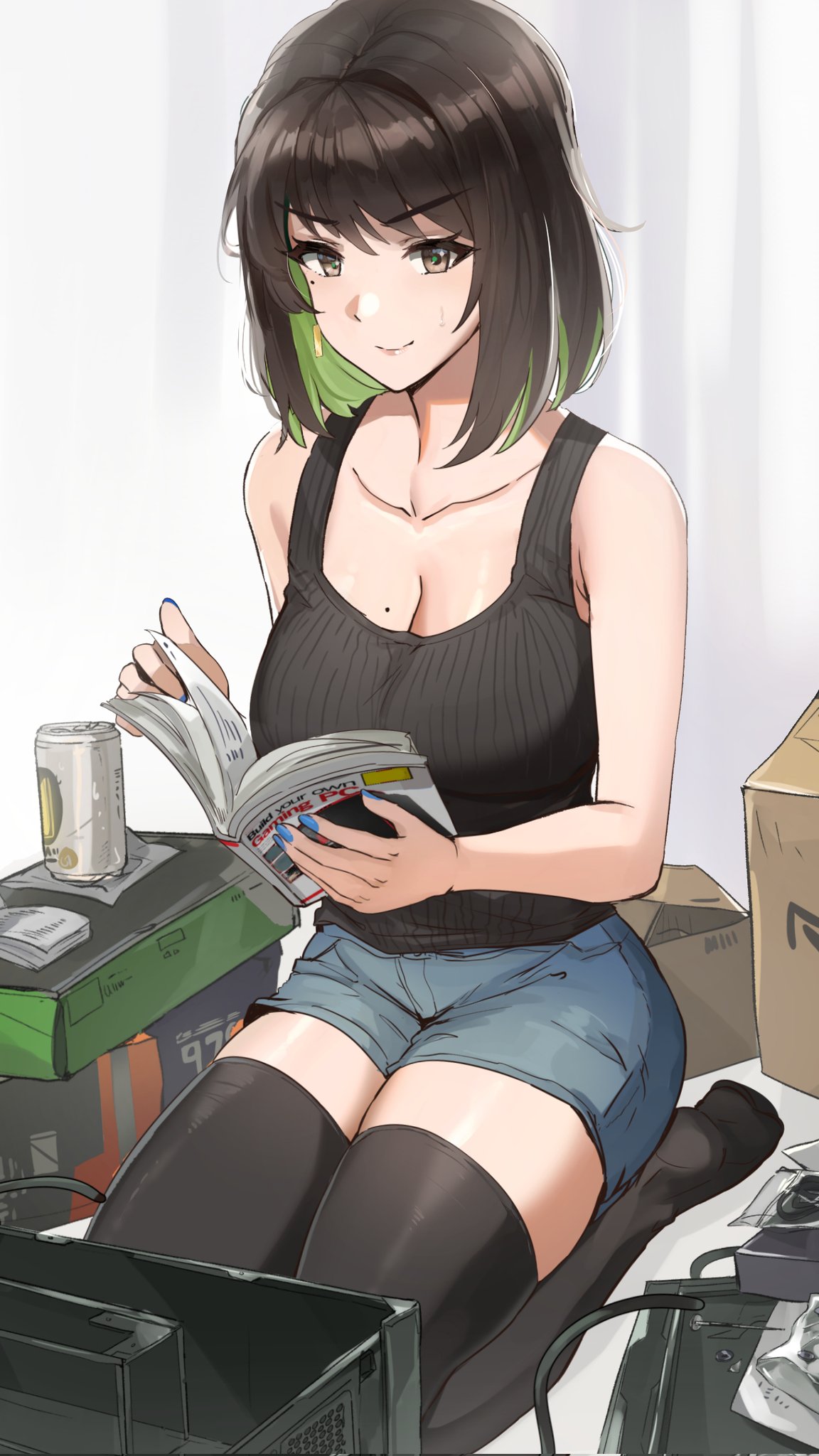 1girls alcohol bare_shoulders beer beer_can black_hair black_thighhighs box breasts brown_eyes can cleavage computer denim denim_shorts female green_hair highres kneeling large_breasts legs_together looking_at_viewer manual miru_(ormille) mole mole_on_breast mole_under_eye multicolored_hair original ormille repairing shorts smirk soles sweatdrop tank_top thighhighs thighs