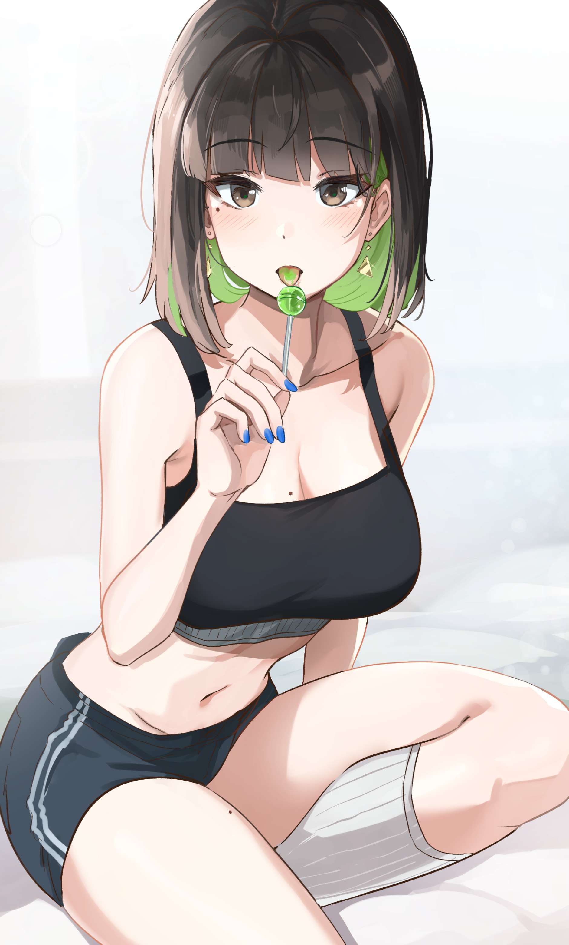 1girls, absurdres, blush, breasts, brown eyes, brown hair, candy, cleavage, collarbone, colored inner hair, commentary, earrings, english commentary, female, food, green hair, highres, holding, holding candy, holding food, holding lollipop, jewelry, kneehighs, large breasts, licking, lollipop, looking at viewer, midriff, miru (ormille), mole, mole on breast, mole on thigh, mole under eye, multicolored hair, navel, open mouth, original, ormille, short hair, short shorts, shorts, sitting, socks, solo, sports bra, stomach, thighs, two-tone hair
