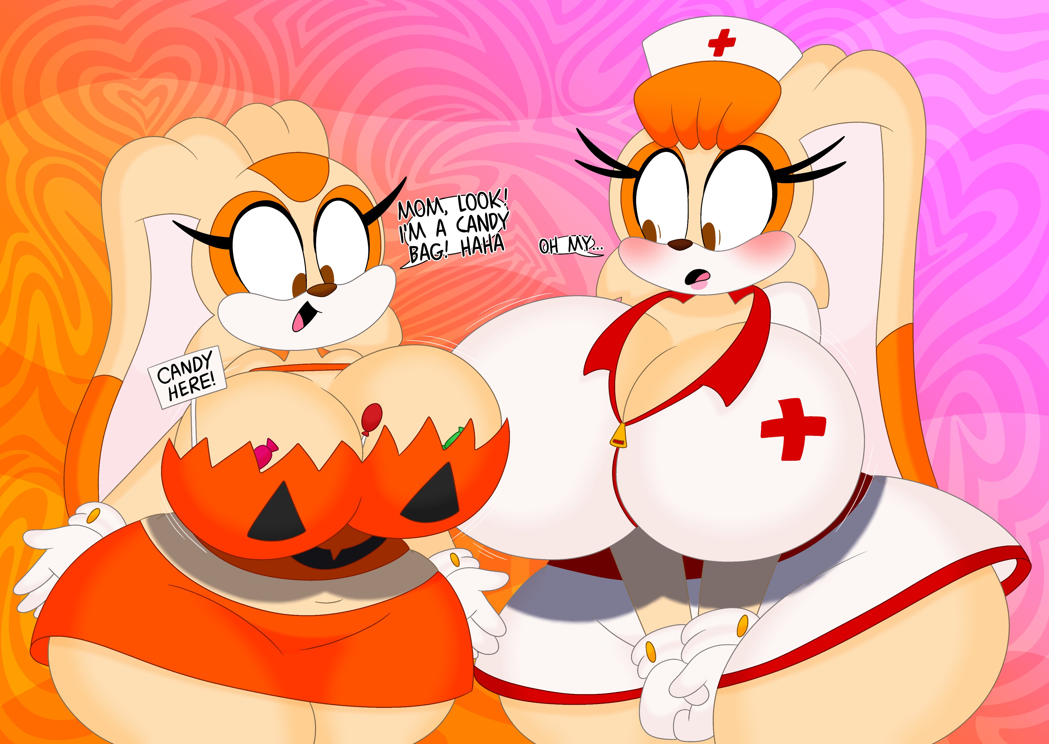 2girls, 3barts, aged up, ass, big ass, big breasts, big butt, breasts, candy, cream the rabbit, embarrassed, female, halloween, halloween costume, mother and daughter, nurse, nurse cap, nurse uniform, parent and child, parent and child (lore), parent and daughter, parent and daughter (lore), pumpkin, sonic (series), sonic the hedgehog (series), tagme, trick or treat, vanilla the rabbit