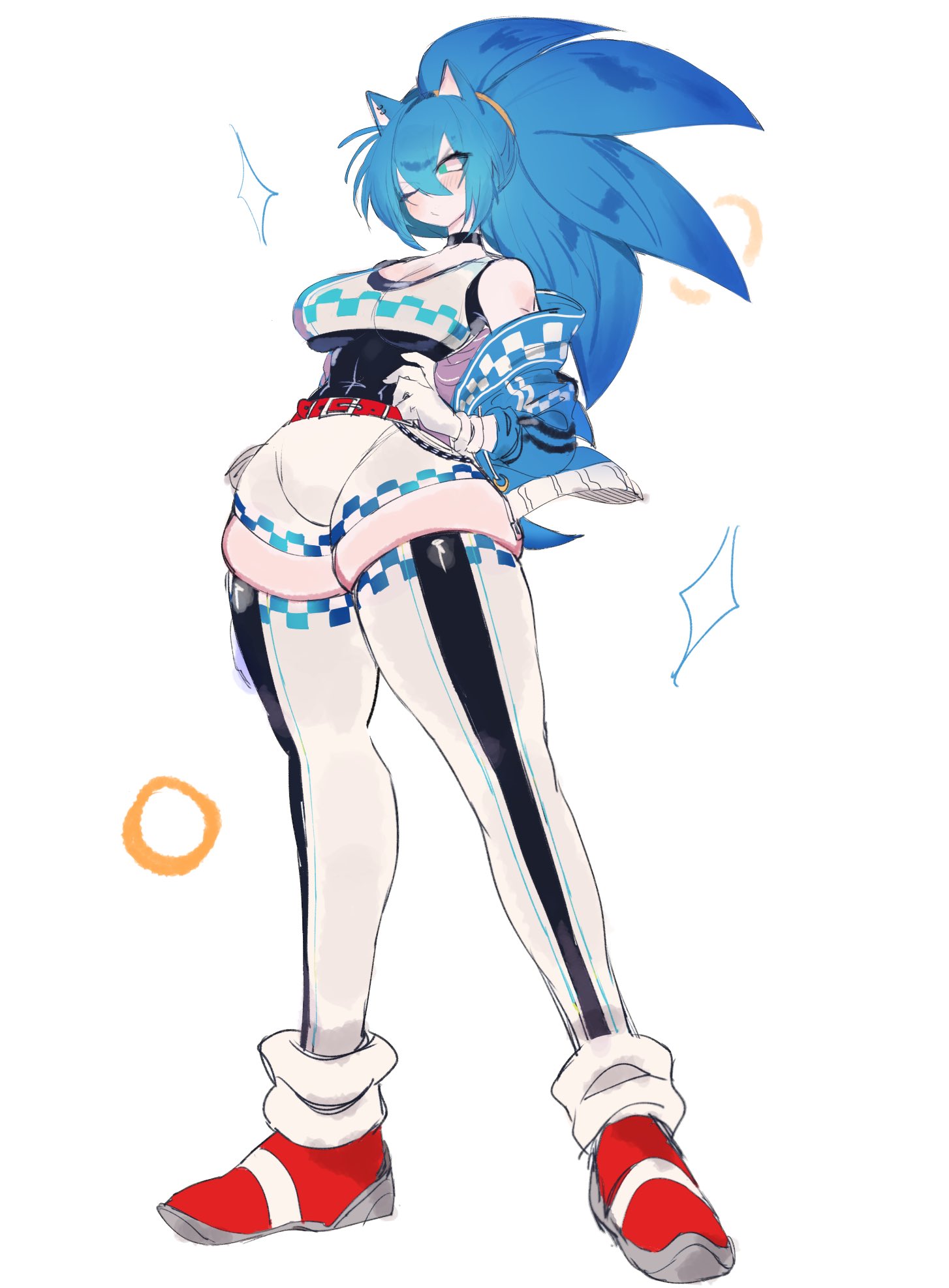 1girls, 2023, blue hair, breasts, female, female only, genderswap, genderswap (mtf), green eyes, human, humanized, mtf transformation, rule 63, sega, simple background, solo, sonic (series), sonic the hedgehog, sonique the hedgehog, thick thighs, transformation, usa37107692, voluptuous, white background, wide hips