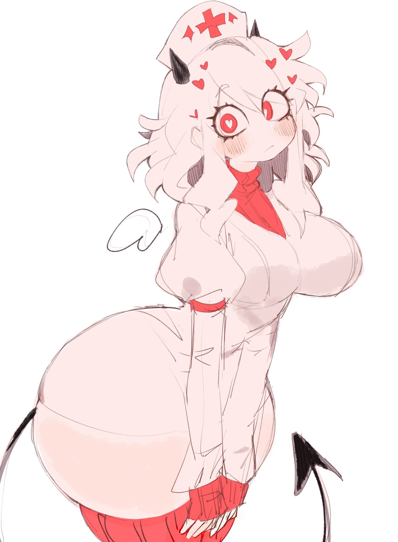 ass, big ass, bottom heavy, clothed, clothing, demon, demon girl, female, heart-shaped pupils, helltaker, huge ass, modeus (helltaker), nurse, pear shaped, slim waist, solo, tail, thick thighs, usa37107692, wide hips