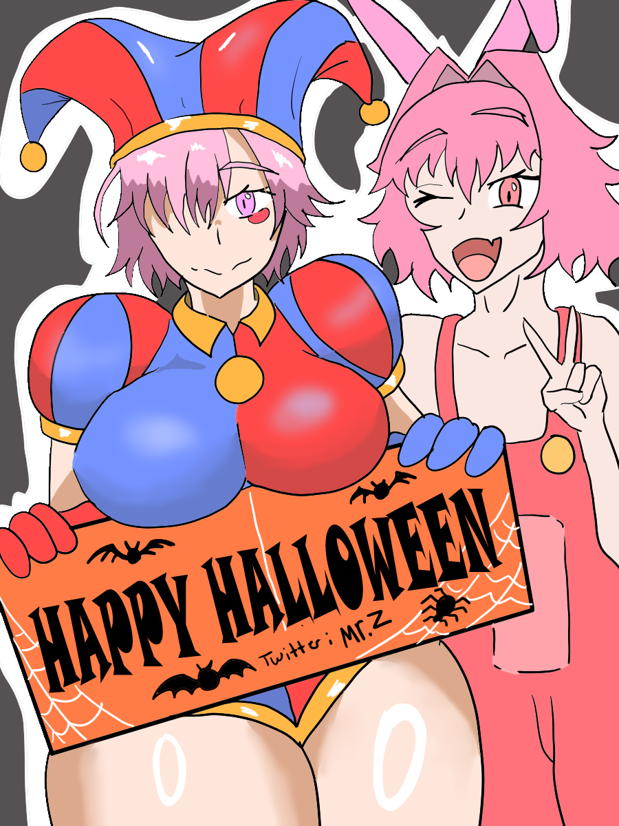 astolfo_(fate) clothed cosplay costume fate/grand_order fate_(series) female halloween jax_(the_amazing_digital_circus)_(cosplay) light-skinned_female mash_kyrielight mr.z pomni_(cosplay) pomni_(the_amazing_digital_circus) purple_eyes purple_hair the_amazing_digital_circus