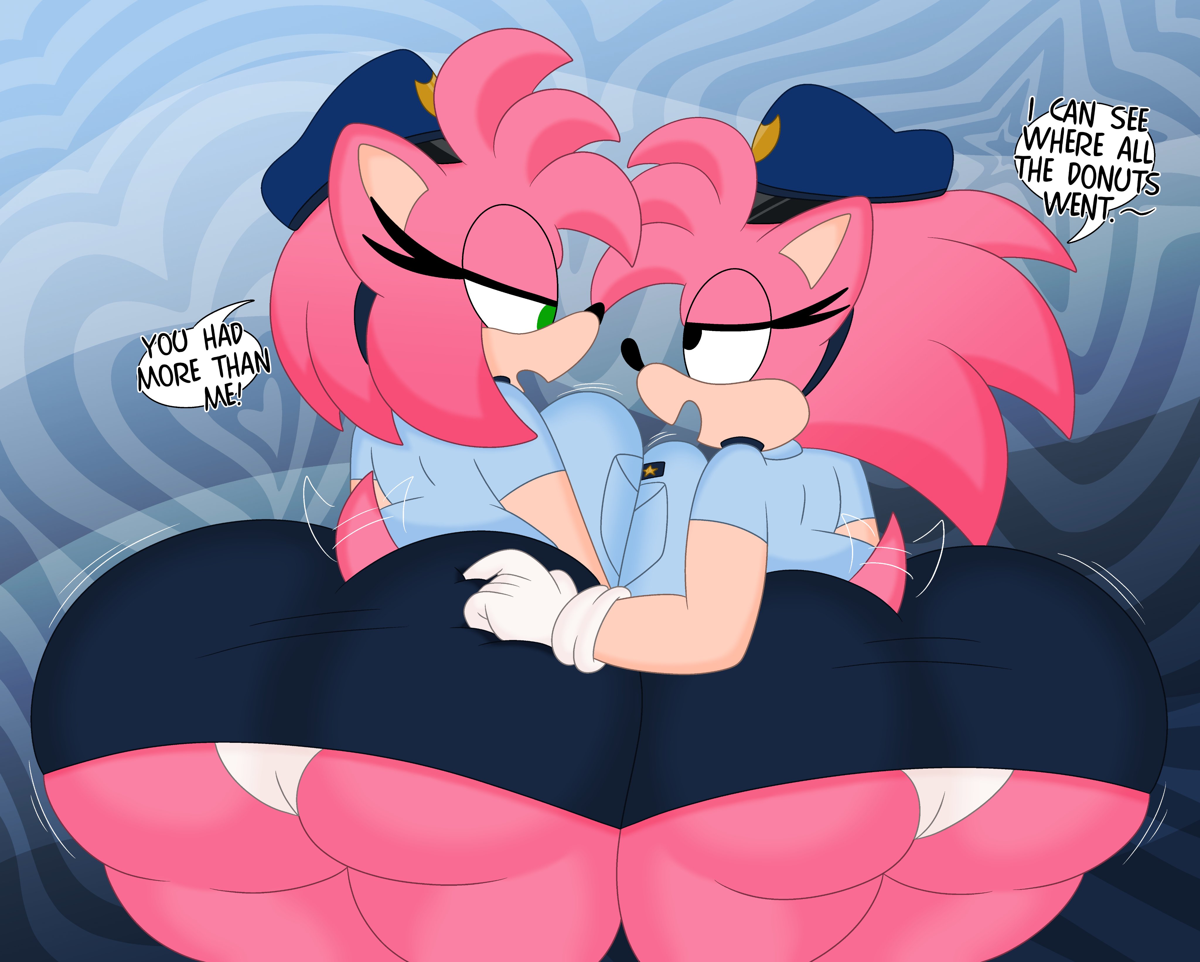 2d, 2girls, 3barts, amy rose, anthro, ass, ass focus, asymmetrical docking, big ass, big breasts, big butt, breasts, breasts to breasts, classic amy rose, dialogue, dual persona, english, english dialogue, english text, female, female focus, female only, from behind, hand on ass, hand on butt, happy female, hi res, highres, multiple females, multiple girls, multiversal counterpart grouping, police uniform, policewoman, presenting ass, selfcest, sonic (series), sonic the hedgehog (series), speech bubble, square crossover, text, thick thighs, touching ass, uniform