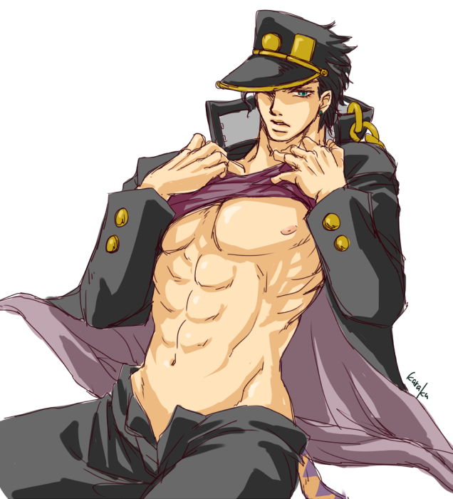 1boy clothed exposed_chest jojo's_bizarre_adventure jotaro_kujo male male_only shirt_pulled_up shirt_up solo stardust_crusaders