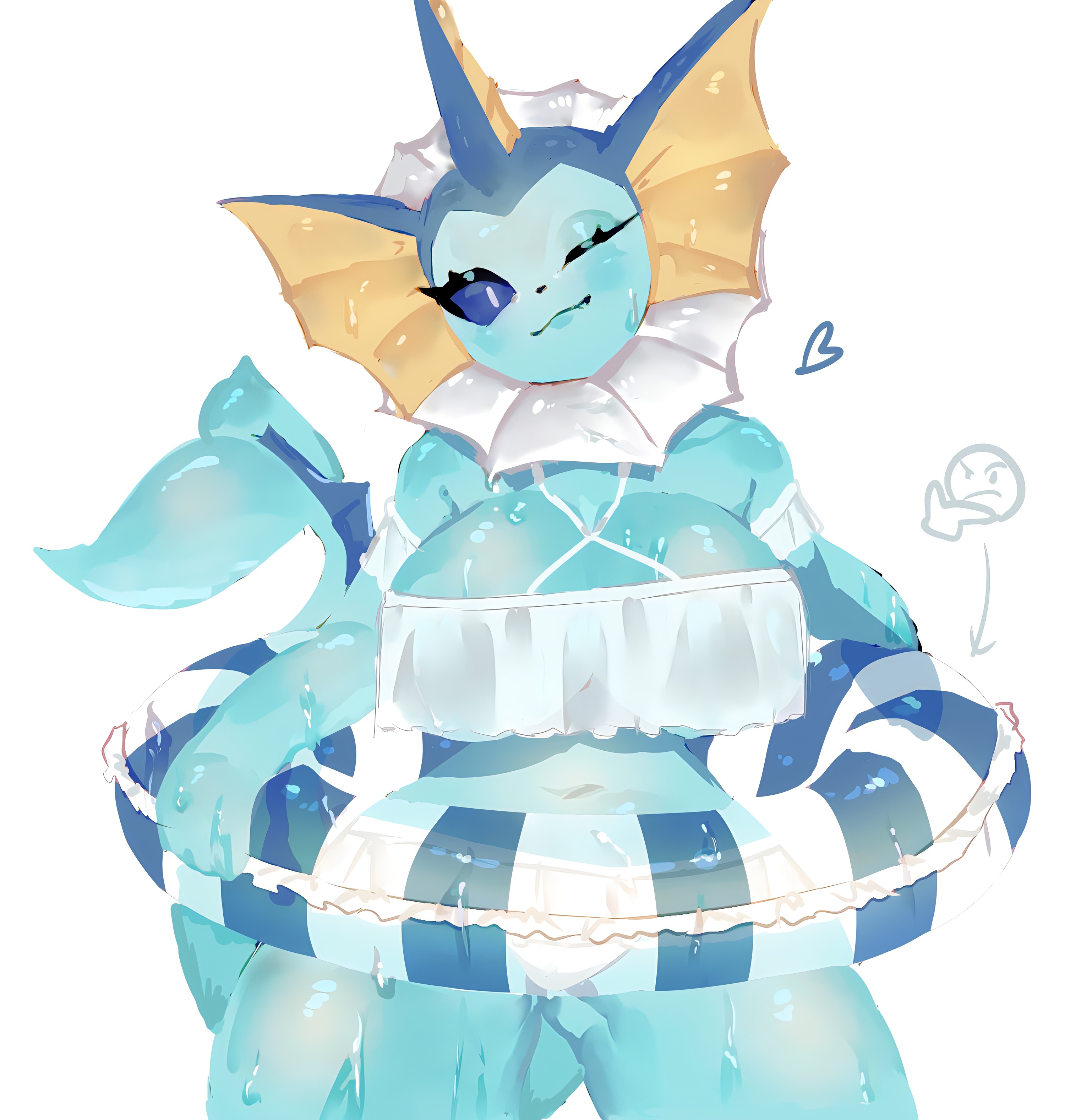 2023, 2023s, anthro, anthrofied, big breasts, blue body, blue eyes, blue skin, breasts, cleavage, clothing, digital drawing (artwork), eeveelution, female, female only, fish, fish girl, fish tail, game freak, generation 1 pokemon, heart, nintendo, pokémon (species), pokemon, pokemon (species), pokemon rgby, simple background, smile, smiling at viewer, swimsuit, tagme, toge77789, togetoge, vaporeon, wet, wet body, white background, wide hips, wink
