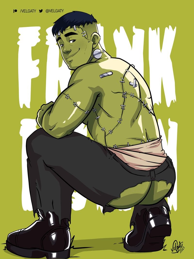 1boy 1monster 2023 ass bara barazoku beefy clothing cocky daddy frankenstein frankenstein's_monster gay green-skinned_male halloween holidays looking_at_viewer male male_focus male_only manly monster muscular_male ripped_clothing solo solo_male torn_open_bottoms velgaty yaoi