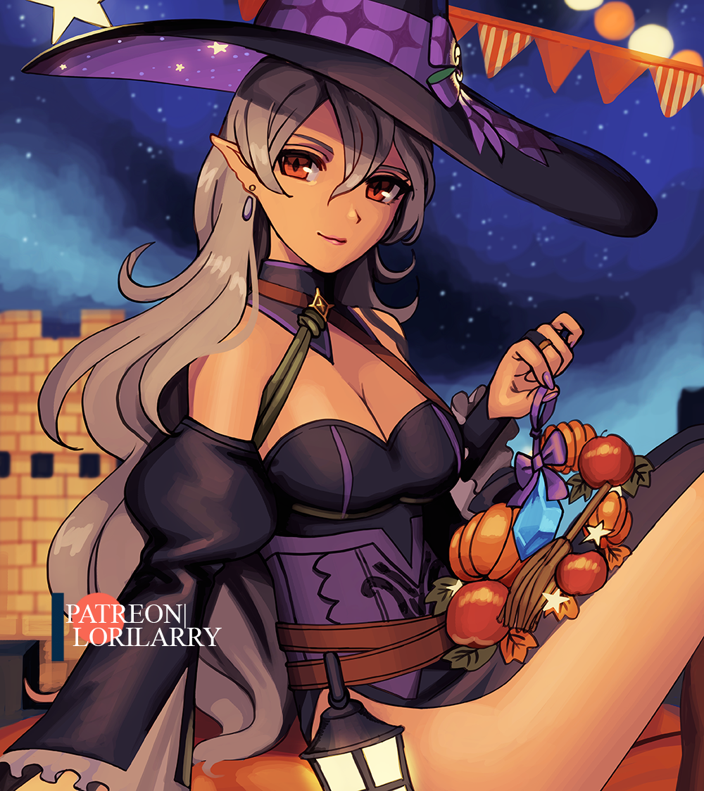 1girls alternate_costume bare_thighs breasts castle cleavage corrin_(female)_(halloween)_(fire_emblem) corrin_(fire_emblem) corrin_(fire_emblem)_(female) earrings female female_only fire_emblem fire_emblem_fates fire_emblem_heroes grey_hair halloween halloween_costume lamp long_hair looking_at_viewer lorilarry medium_breasts night nintendo official_alternate_costume outdoors pointy_ears red_eyes sitting smile solo thighs very_long_hair witch witch_hat