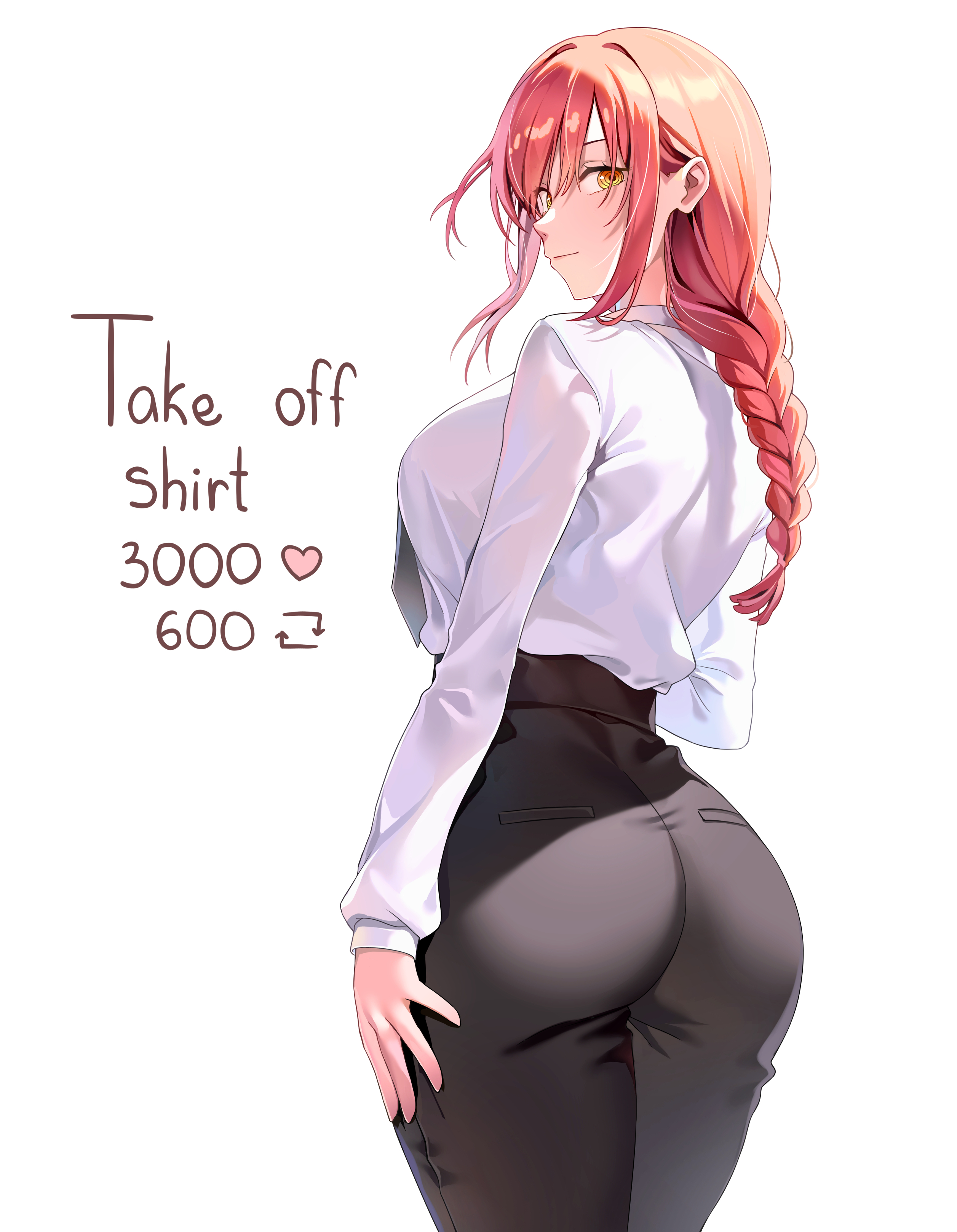 1girls, ass, ass focus, big ass, big butt, braid, braided ponytail, breasts, chainsaw man, female, from behind, looking at viewer, machulanko, makima (chainsaw man), pants, rear view, red hair, shirt, standing, tight clothing, wide hips, yellow eyes