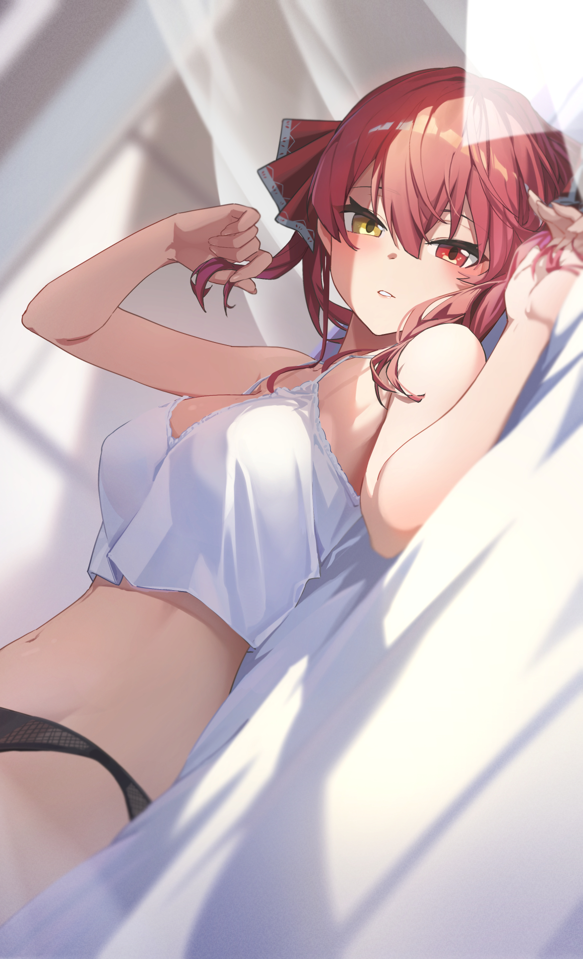 bed, bedroom, female, heterochromia, hololive, hololive fantasy, hololive japan, houshou marine, red hair, virtual youtuber