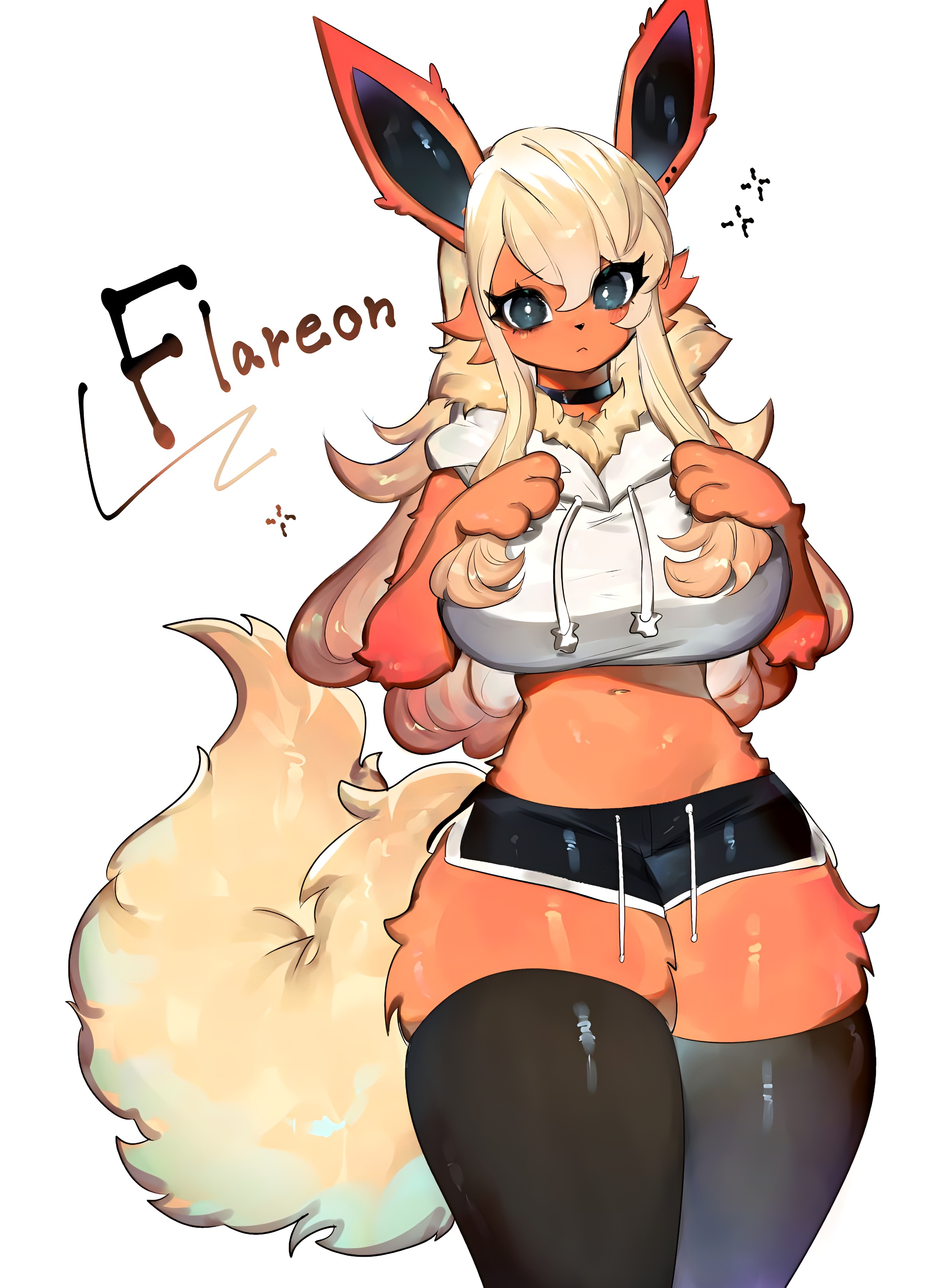1girls, 2023, 2023s, anthro, anthrofied, belly button, big breasts, breasts, canid, canine, character name, cleavage, clothed, clothing, collar, crop top, cropped hoodie, eeveelution, female, female only, flareon, fur, furry, furry only, game freak, generation 1 pokemon, hoodie, leggings, navel, nintendo, paws, pokémon (species), pokemon, pokemon (species), short shorts, simple background, solo, tail, thick thighs, thighhighs, toge77789, togetoge, url, white background