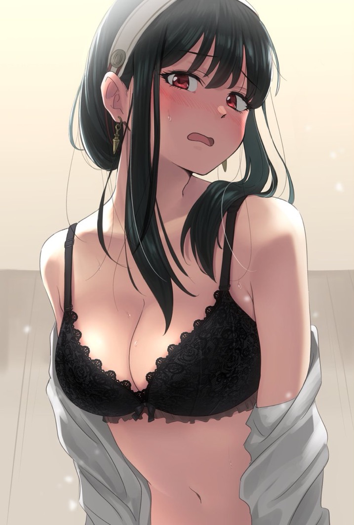 1girls, black bra, black hair, earrings, embarrassed, female, female only, ikutomi pizza, red eyes, solo, spy x family, tagme, yor briar, yor forger