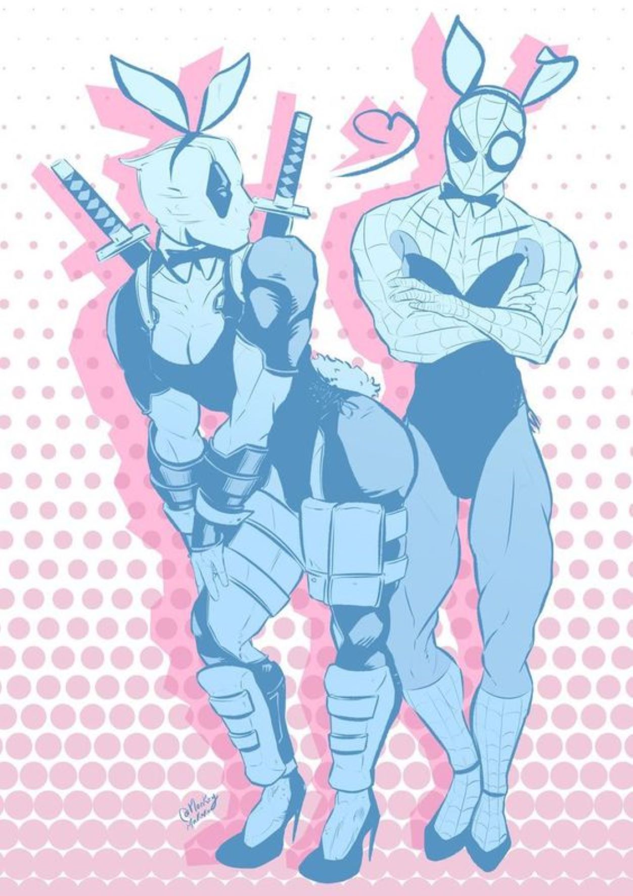 2boys 2girls black_high_heels bow bowtie bowtie_collar bunny_ears bunny_tail bunnysuit collar crossdressing cute deadpool digital_art digital_drawing_(artwork) digital_media_(artwork) flirting gay high_heels male male/male male_only marvel marvel_comics muscular muscular_male pantyhose playboy_bunny pose posing spider-man spider-man_(series) suit swords tagme tagme_(artist) watermark wink