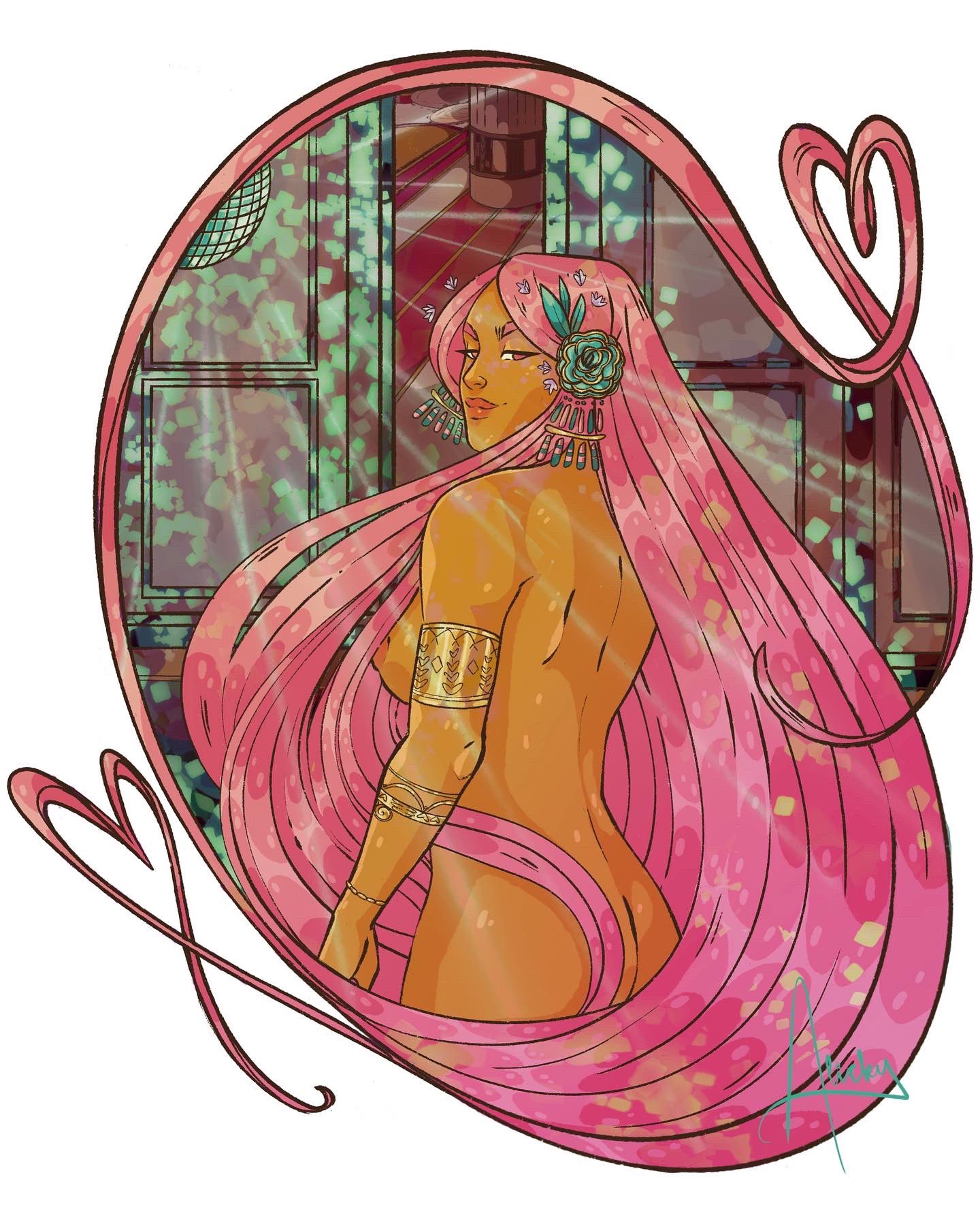 1girls alickyhessart aphrodite aphrodite_(hades) breasts casual dark_skin divine_slut female goddess hades_(game) nipples nude nudist pink_hair solo very_long_hair