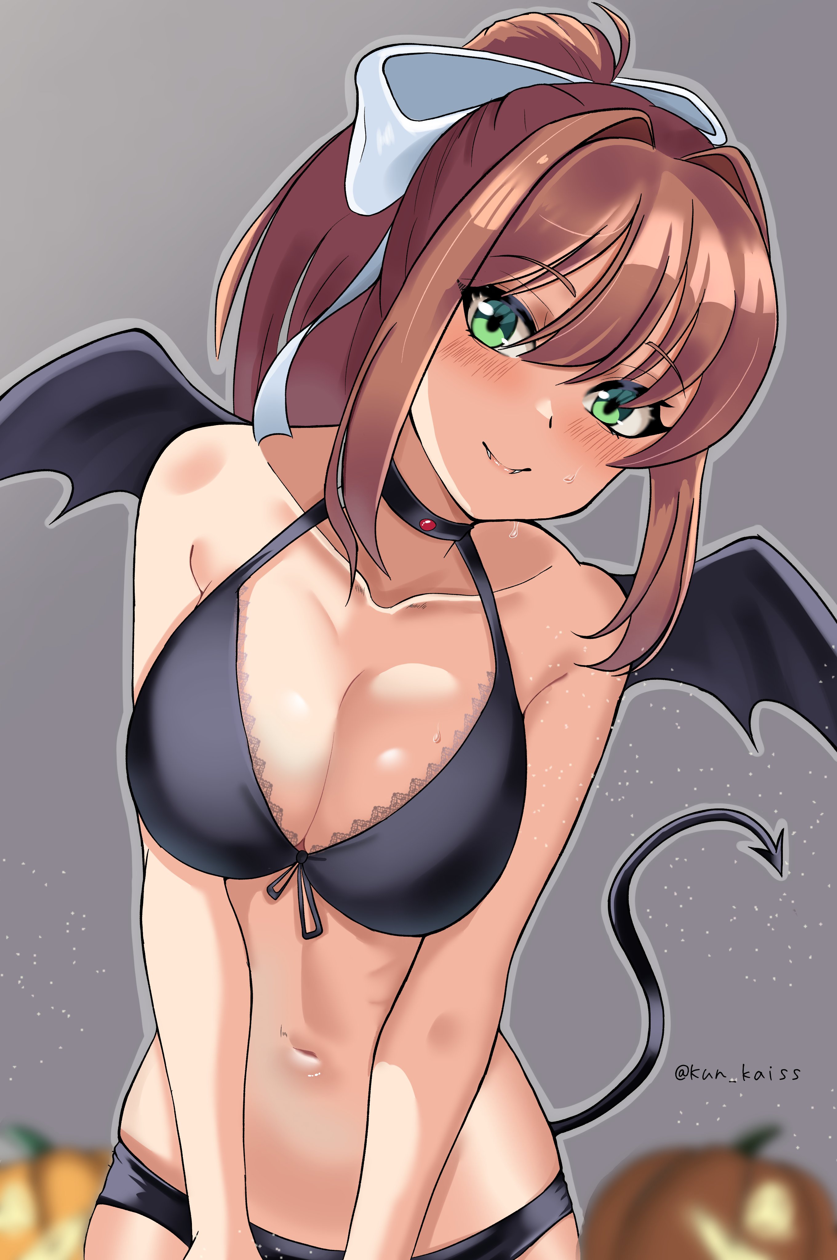 1girls, belly button, blush, bra, breasts, brown hair, choker, cleavage, doki doki literature club, female, female only, green eyes, hair, hair bow, hair ornament, hair ribbon, kun kaiss, long hair, looking at viewer, monika (doki doki literature club), navel, panties, solo, white bow, white skin